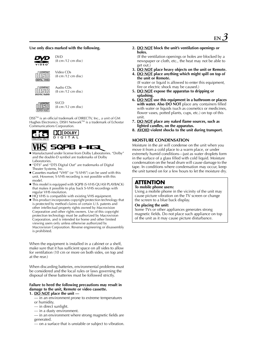 JVC HR-XVC33U manual Moisture Condensation 