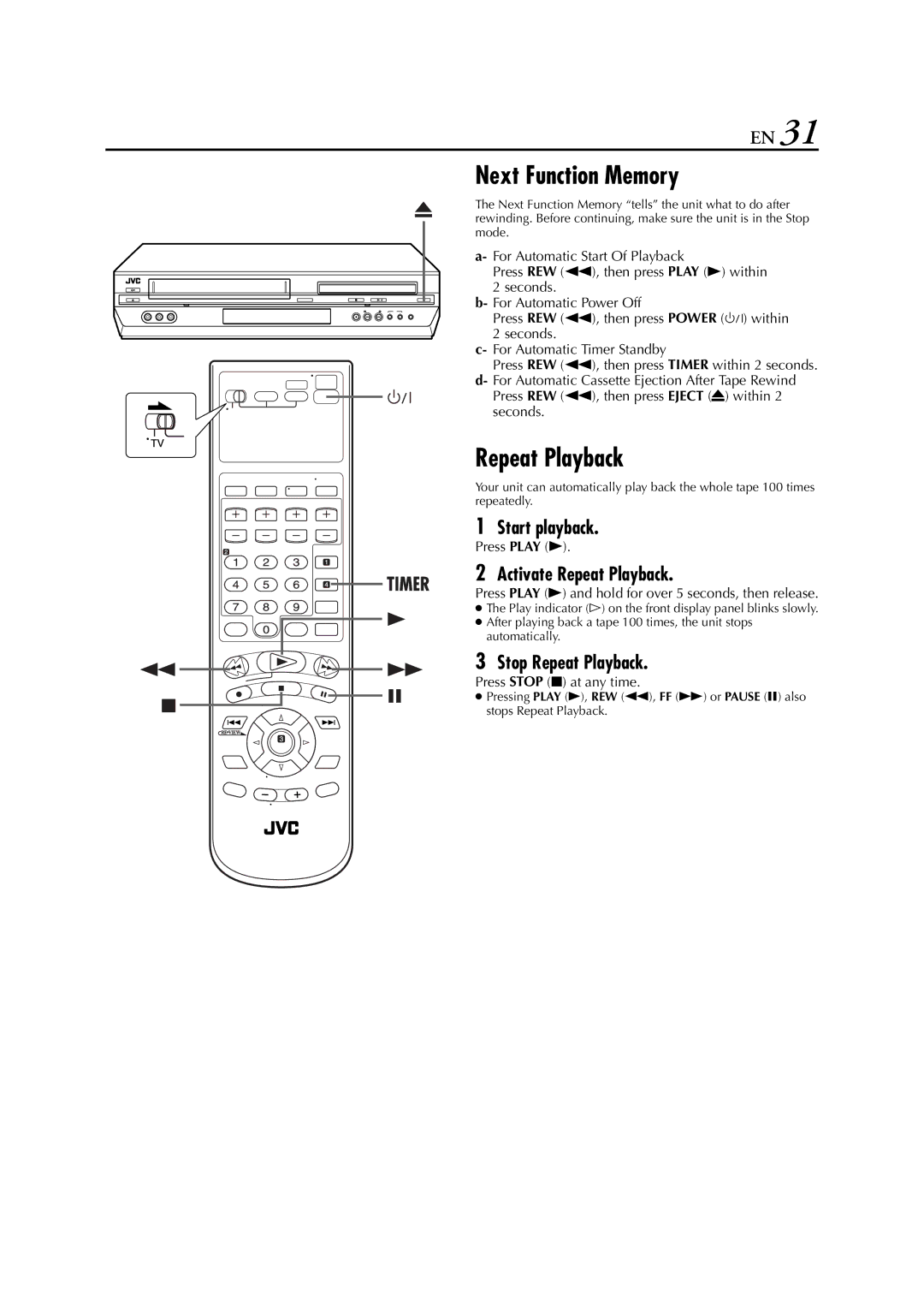 JVC HR-XVC33U manual Next Function Memory, Activate Repeat Playback, Stop Repeat Playback 