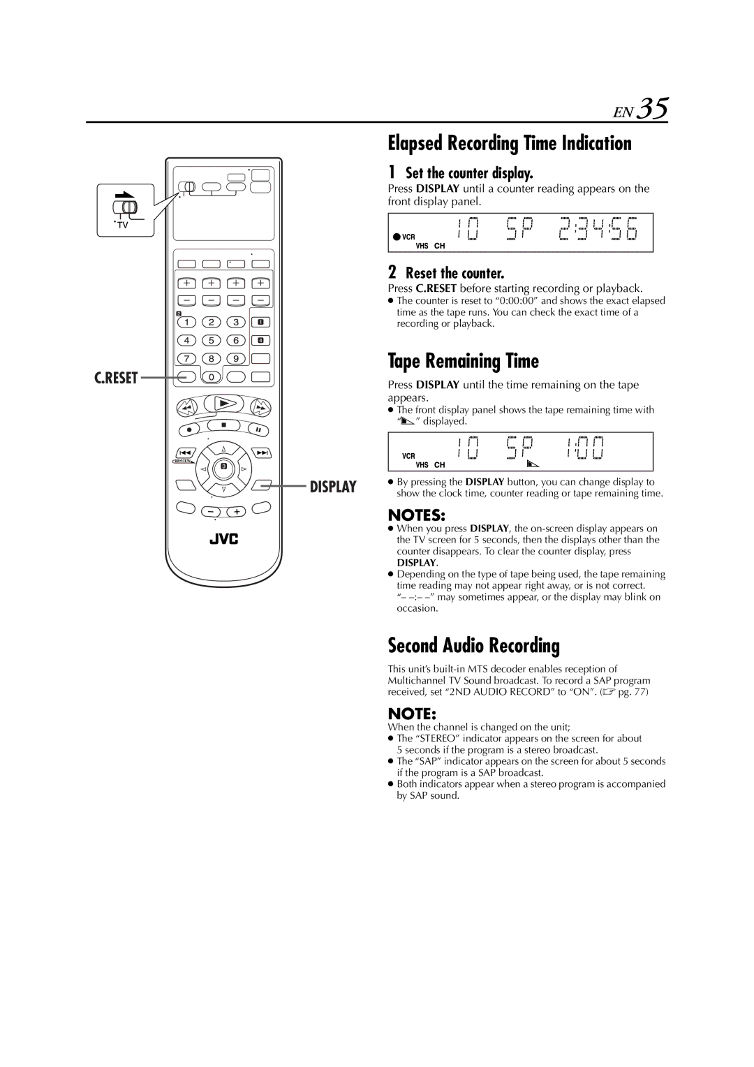 JVC HR-XVC33U manual Tape Remaining Time, Second Audio Recording, Set the counter display, Reset the counter 