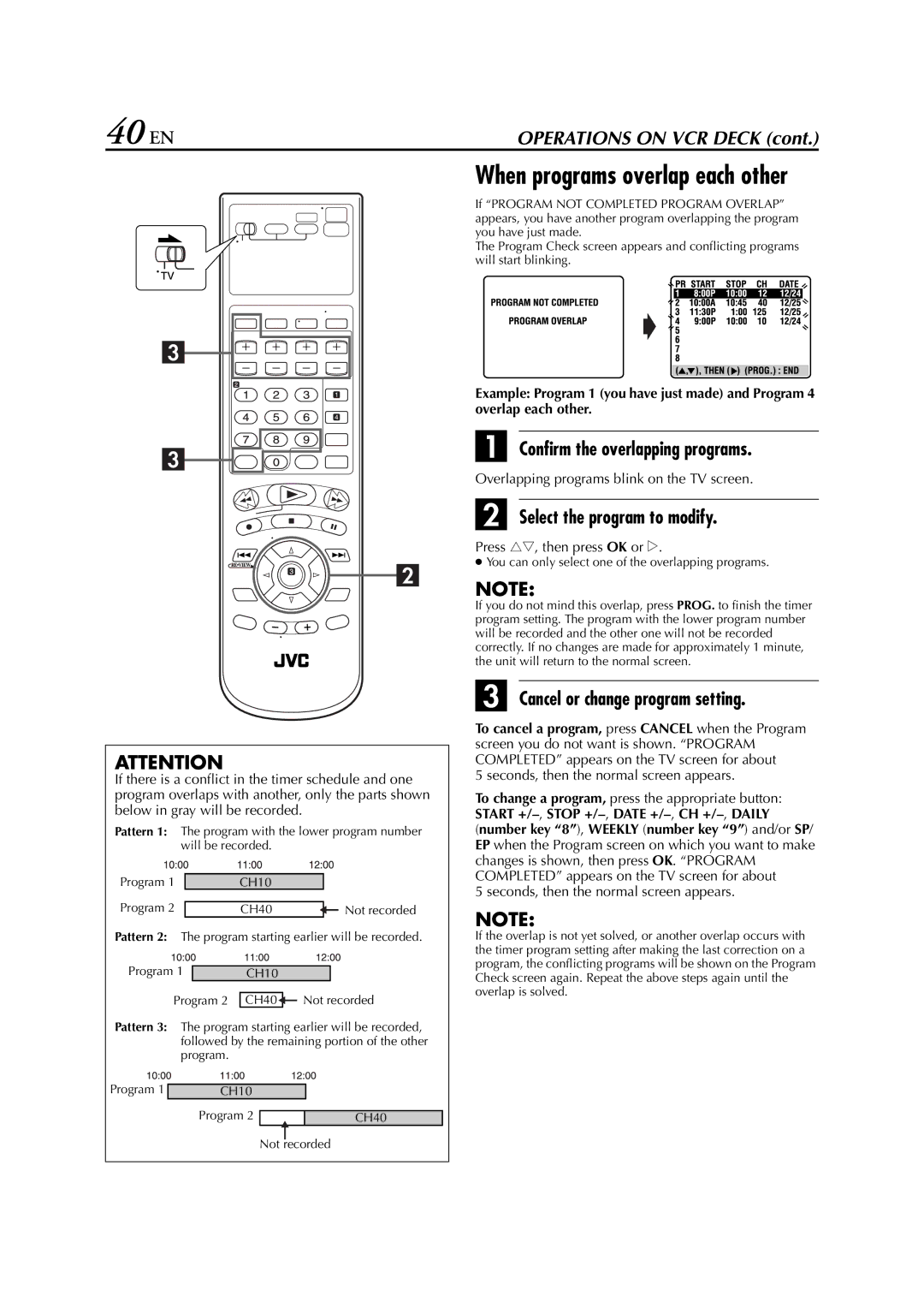 JVC HR-XVC33U 40 EN, Confirm the overlapping programs, Select the program to modify, Cancel or change program setting 