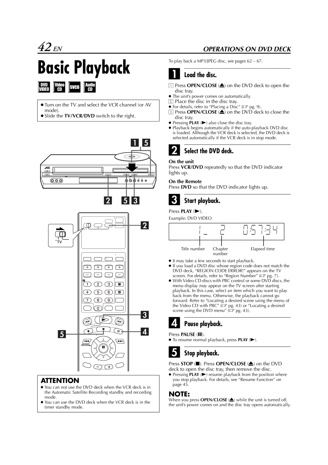 JVC HR-XVC33U manual 42 EN, Load the disc, Pause playback 