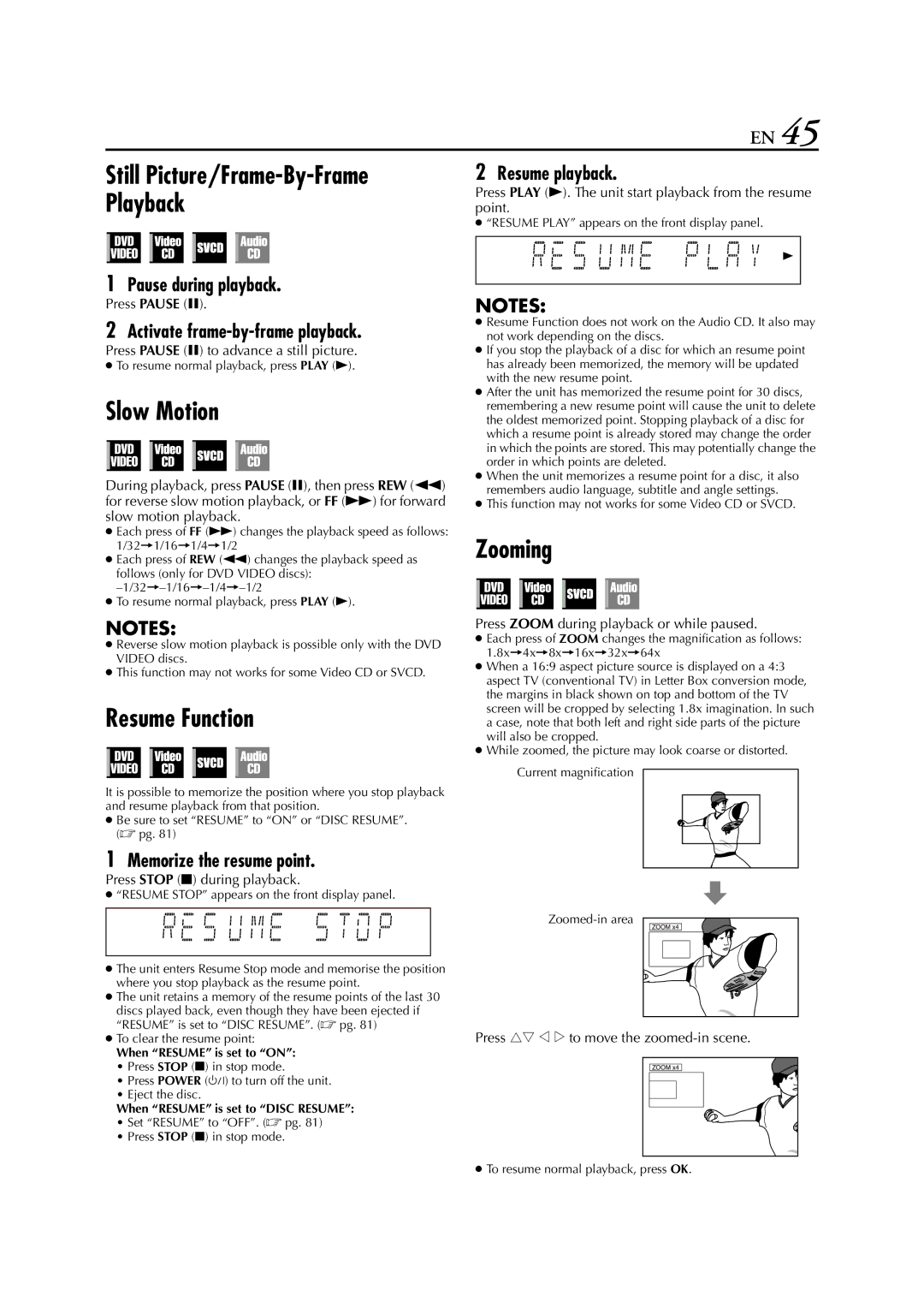 JVC HR-XVC33U manual Resume Function, Zooming, Memorize the resume point, Resume playback 