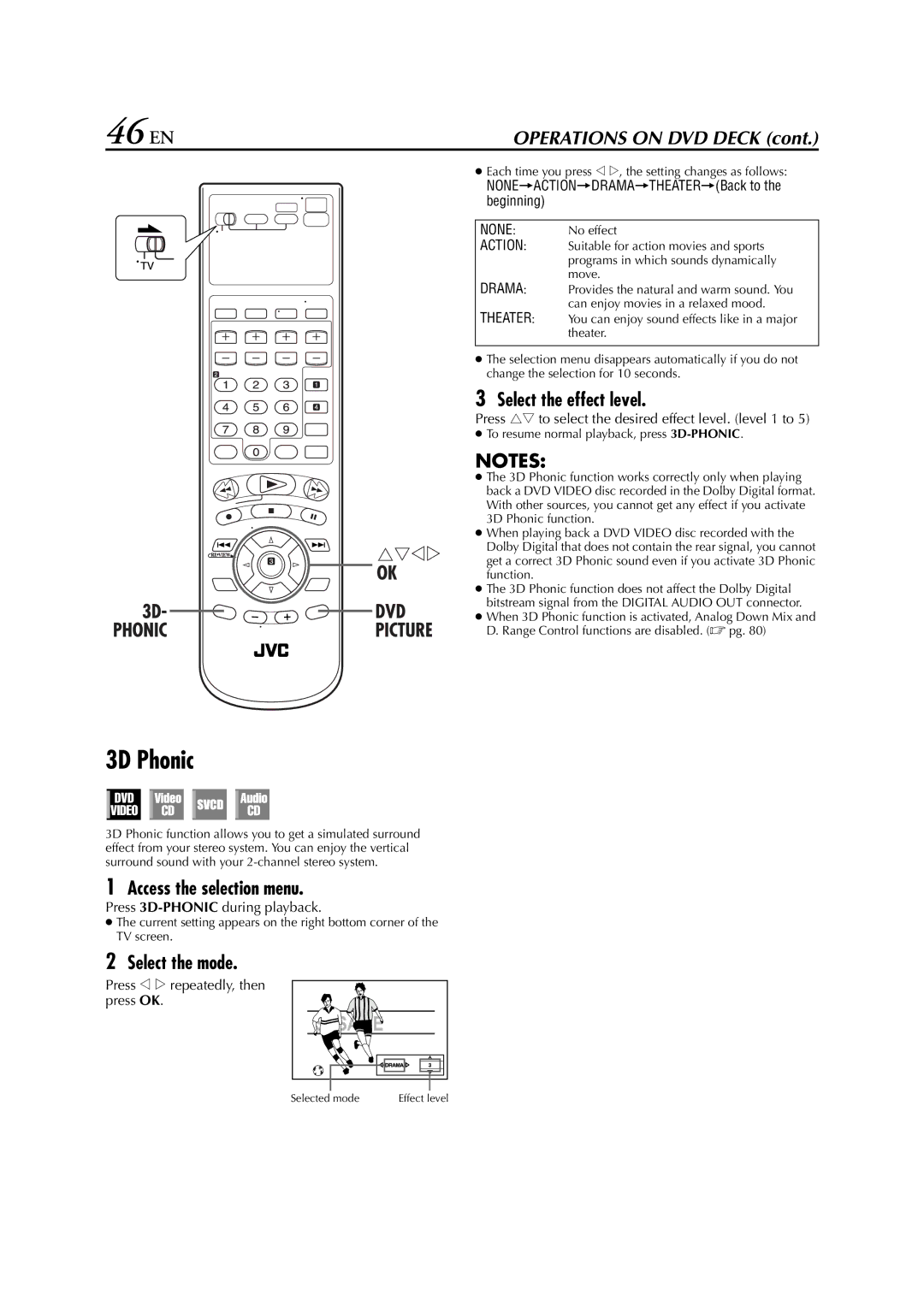 JVC HR-XVC33U manual 46 EN, 3D Phonic, Select the effect level, Access the selection menu 