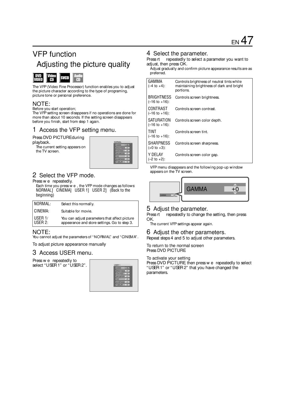 JVC HR-XVC33U manual VFP function Adjusting the picture quality 