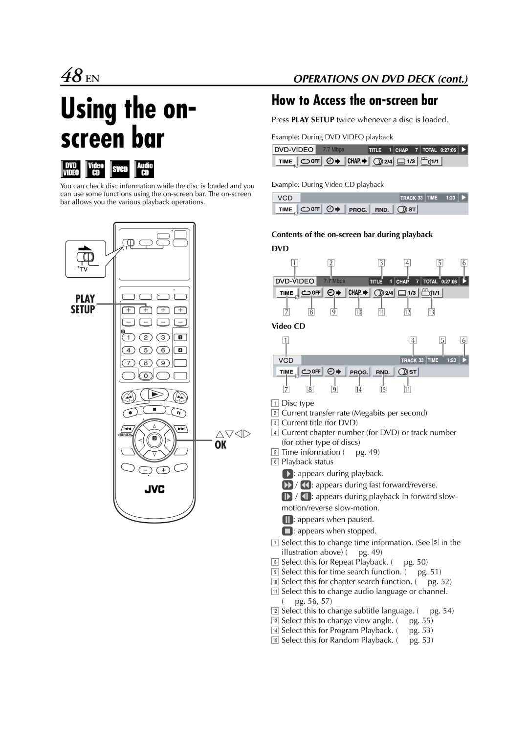 JVC HR-XVC33U manual 48 EN, Press Play Setup twice whenever a disc is loaded, Contents of the on-screen bar during playback 