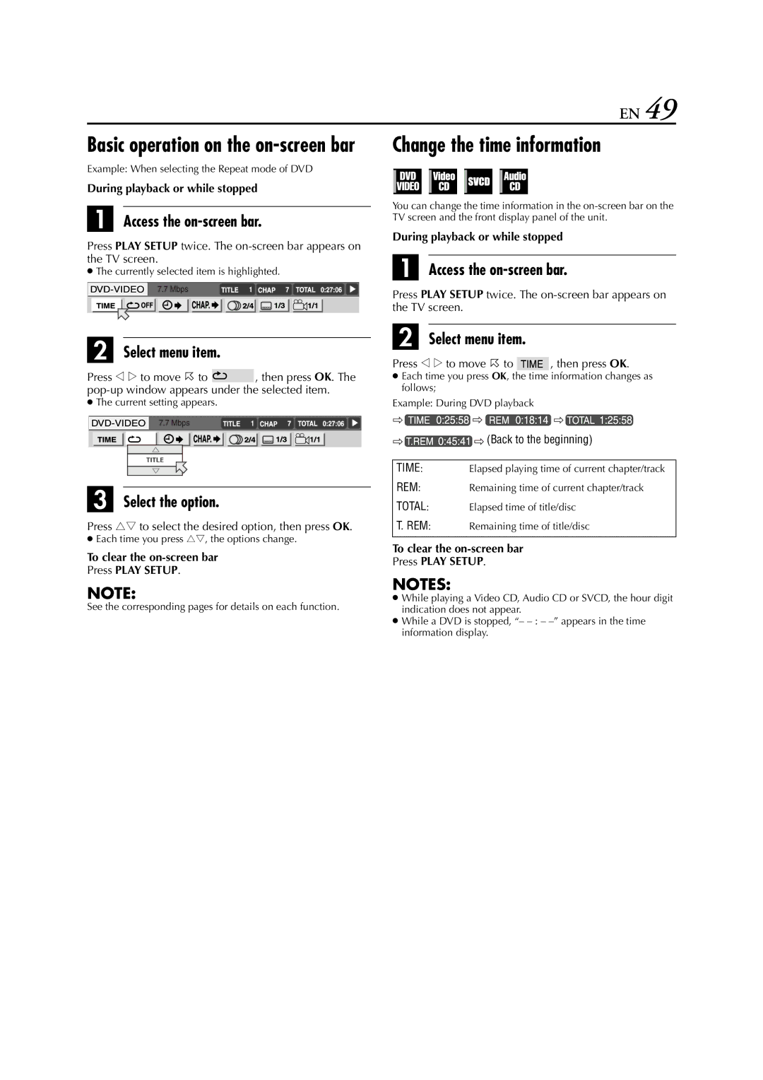 JVC HR-XVC33U manual Change the time information, Access the on-screen bar, Select the option, Select menu item 