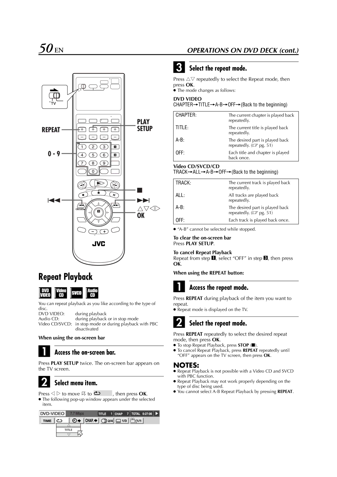 JVC HR-XVC33U manual 50 EN, Select the repeat mode, Access the repeat mode 