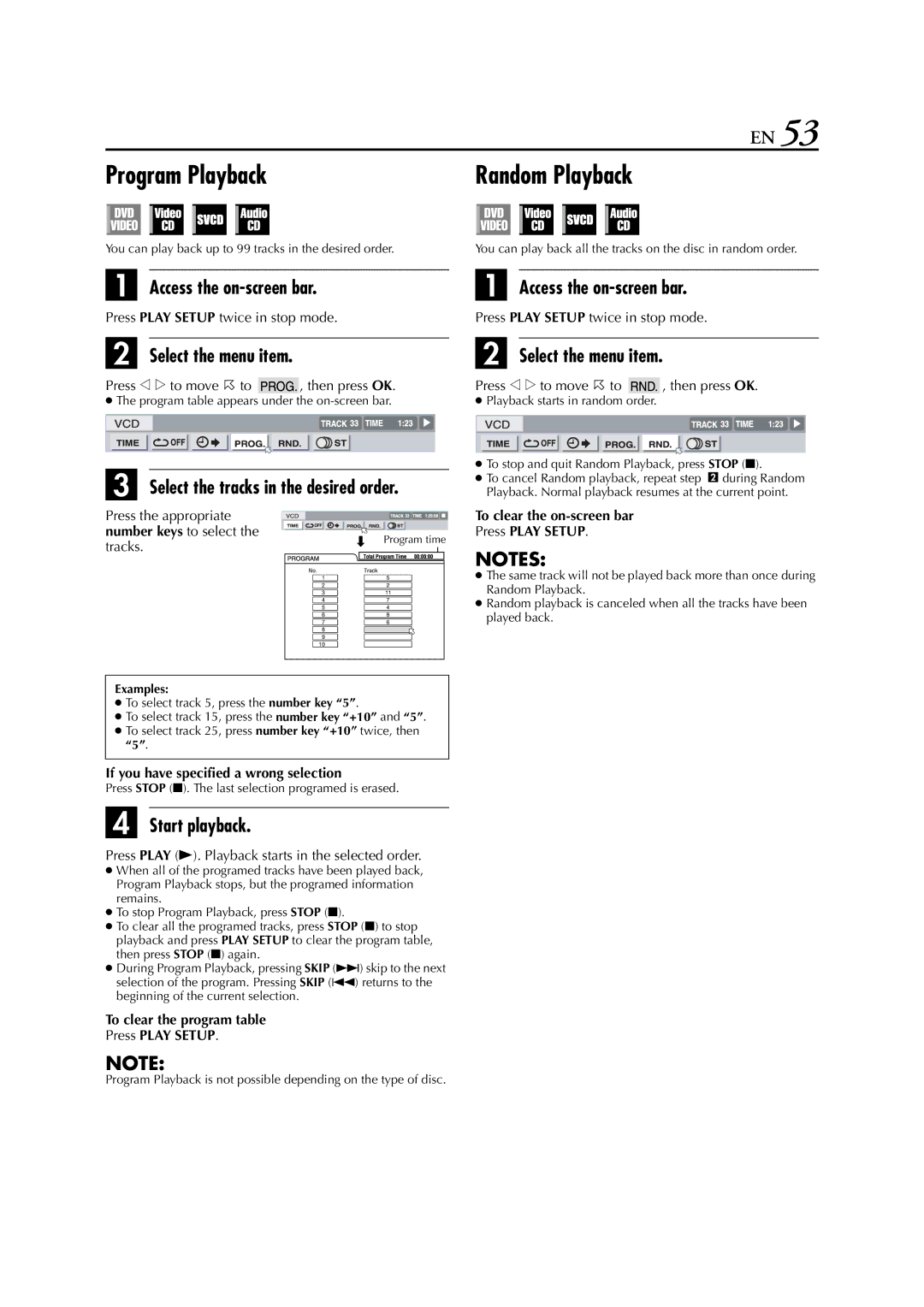 JVC HR-XVC33U manual Program Playback, Random Playback, Select the menu item, Select the tracks in the desired order 