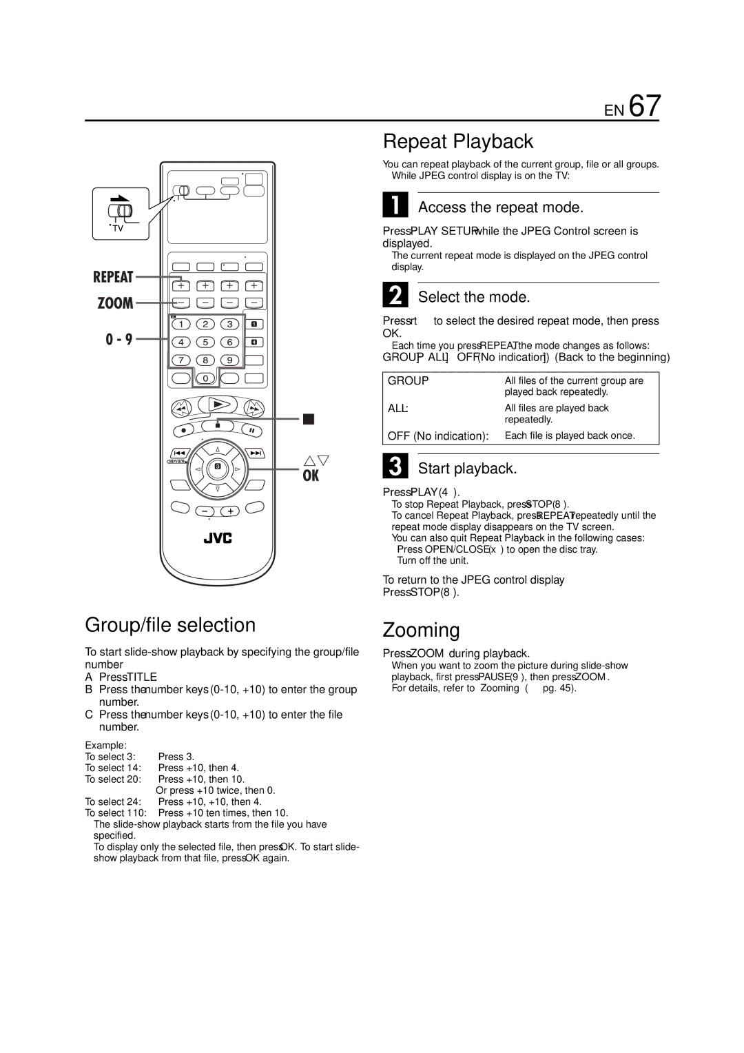 JVC HR-XVC33U manual Group/file selection, To return to the Jpeg control display 