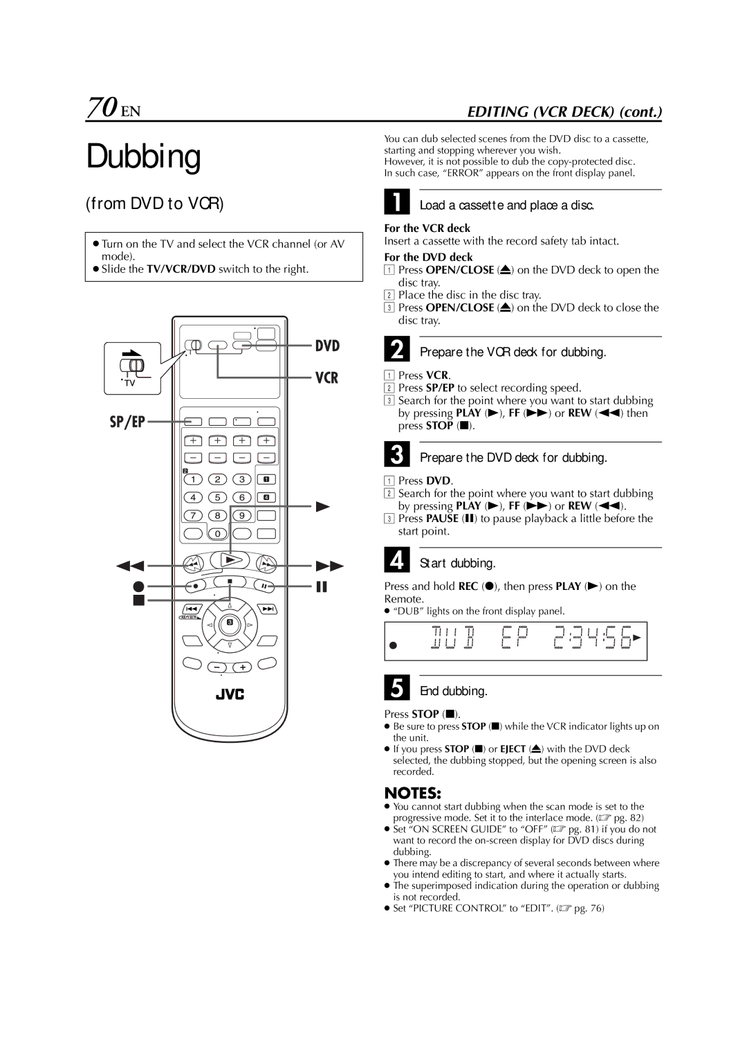 JVC HR-XVC33U manual Dubbing, 70 EN, From DVD to VCR 