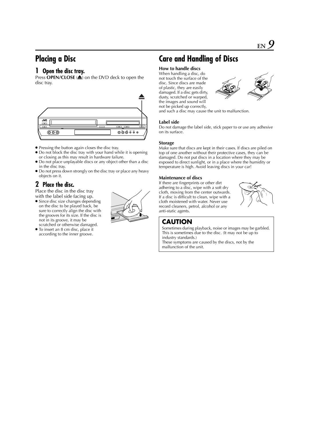 JVC HR-XVC33U manual Placing a Disc, Care and Handling of Discs, Open the disc tray, Place the disc 