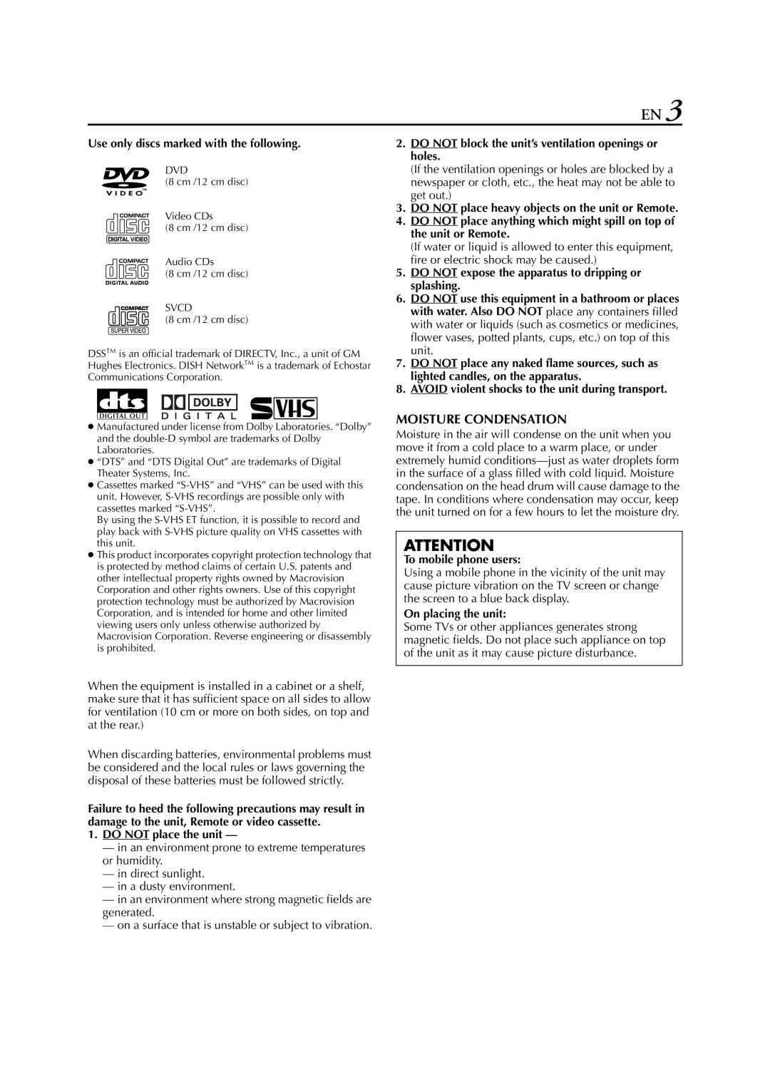 JVC HR-XVC33U manual Moisture Condensation 