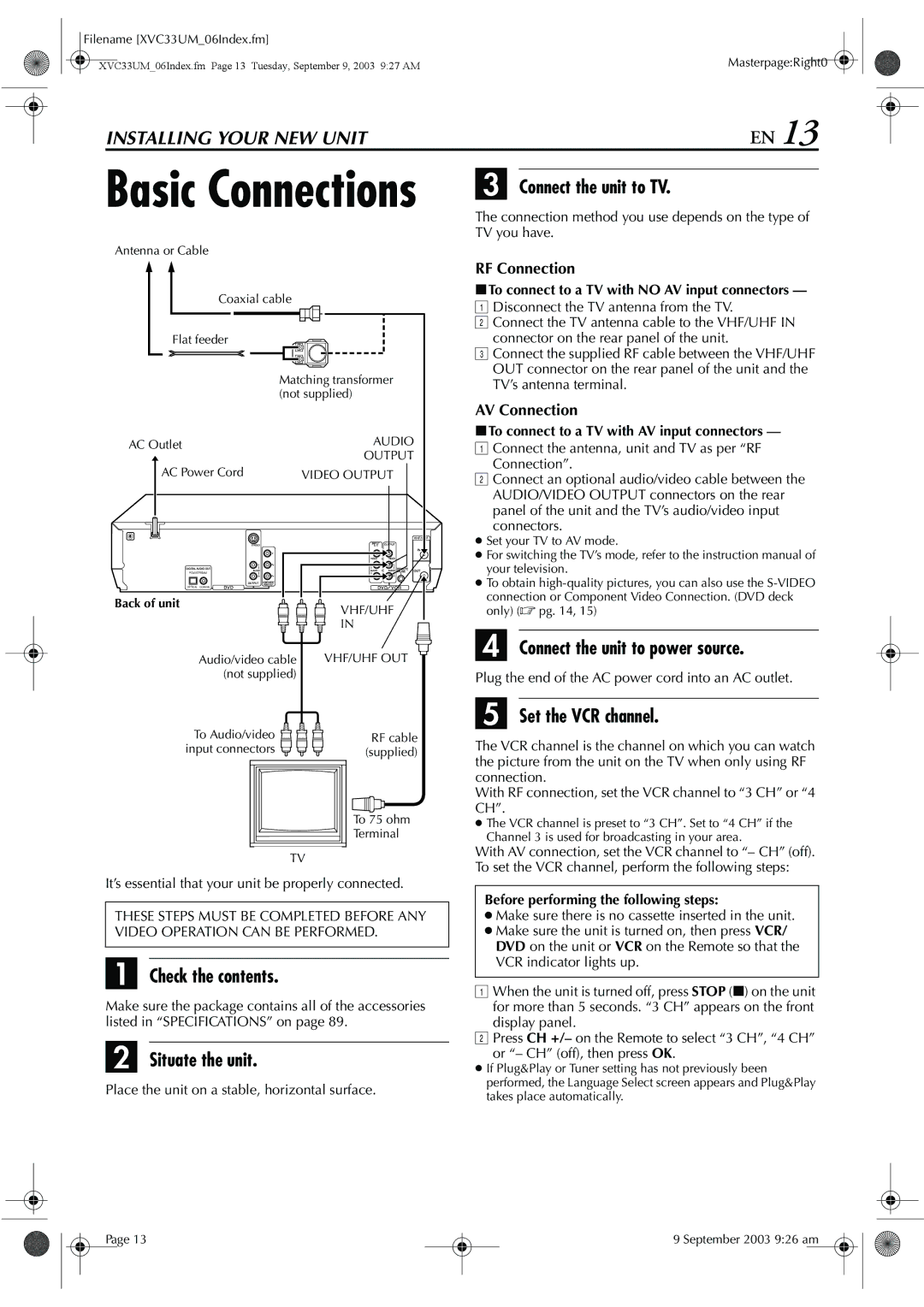 JVC HR-XVC33UM manual Connect the unit to TV, Connect the unit to power source, Check the contents, Situate the unit 