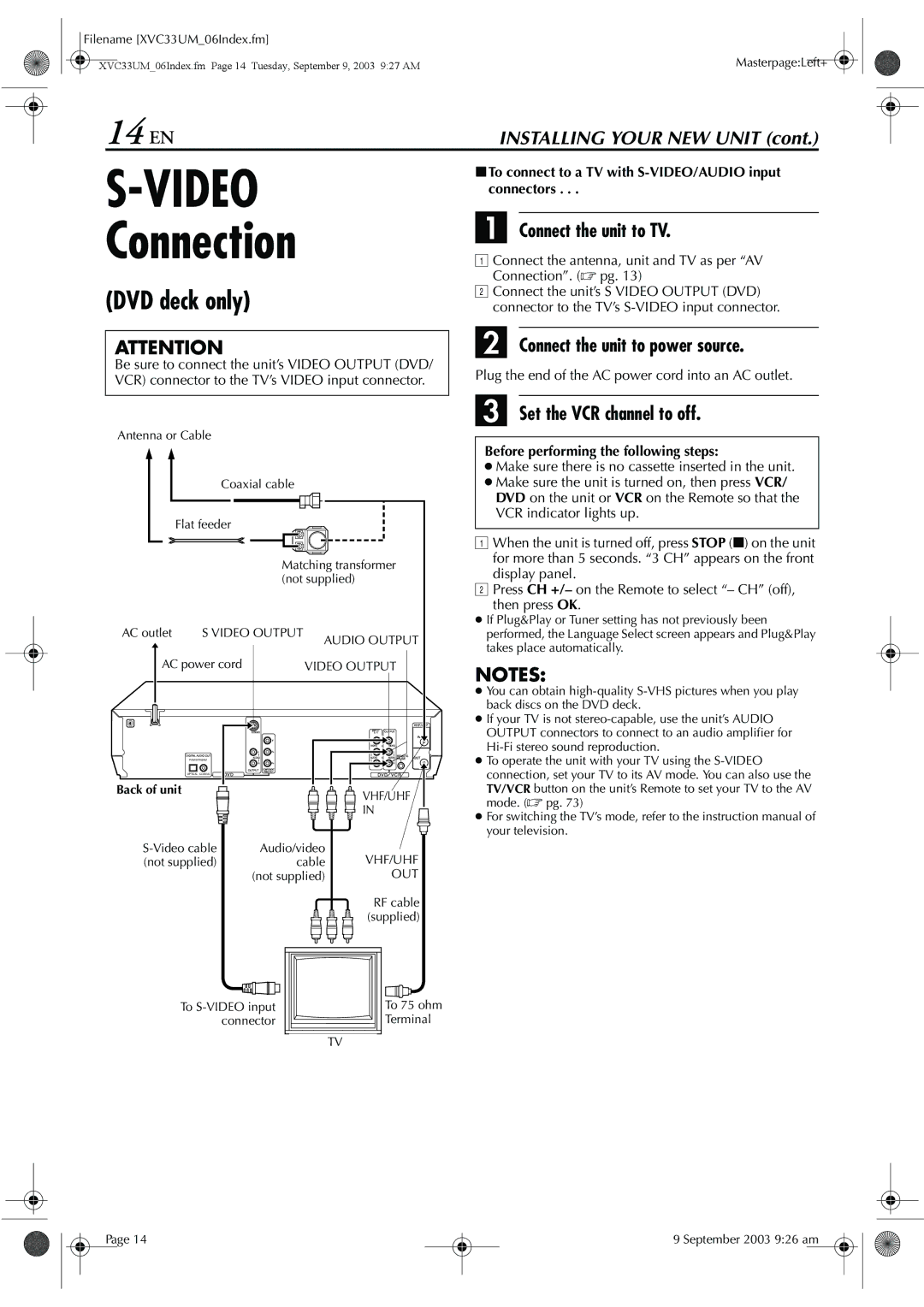 JVC HR-XVC33UM manual Connection, 14 EN, DVD deck only, Set the VCR channel to off 