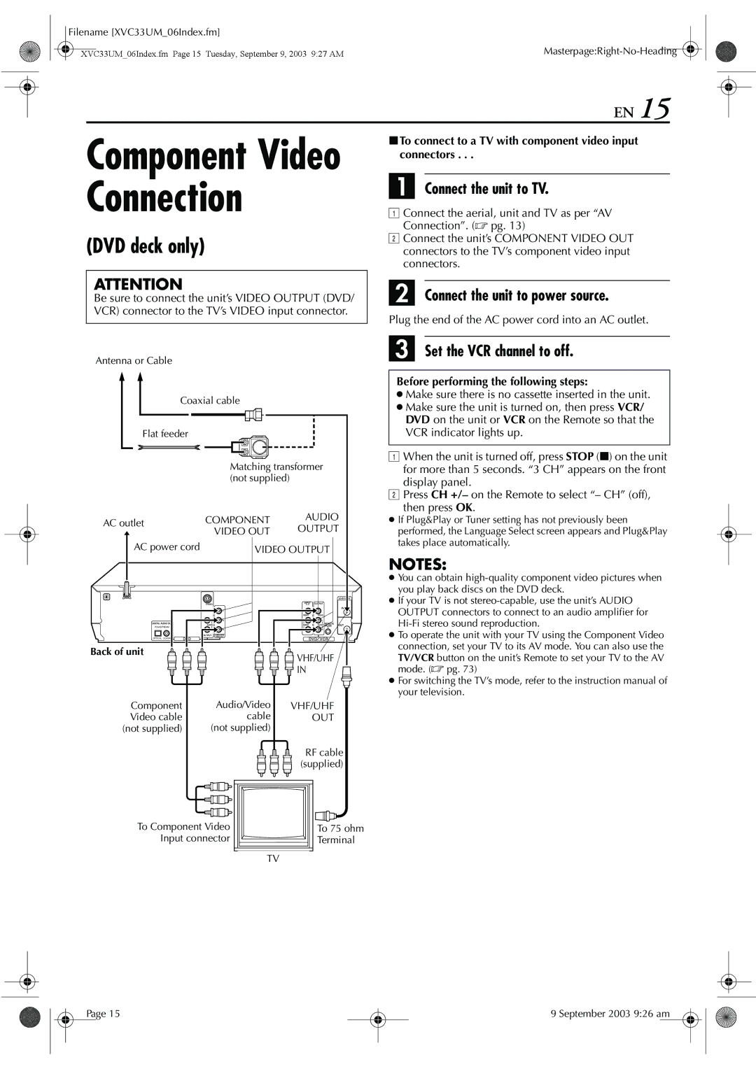 JVC HR-XVC33UM manual 8To connect to a TV with component video input connectors, Component Audio/Video, Video cable Cable 