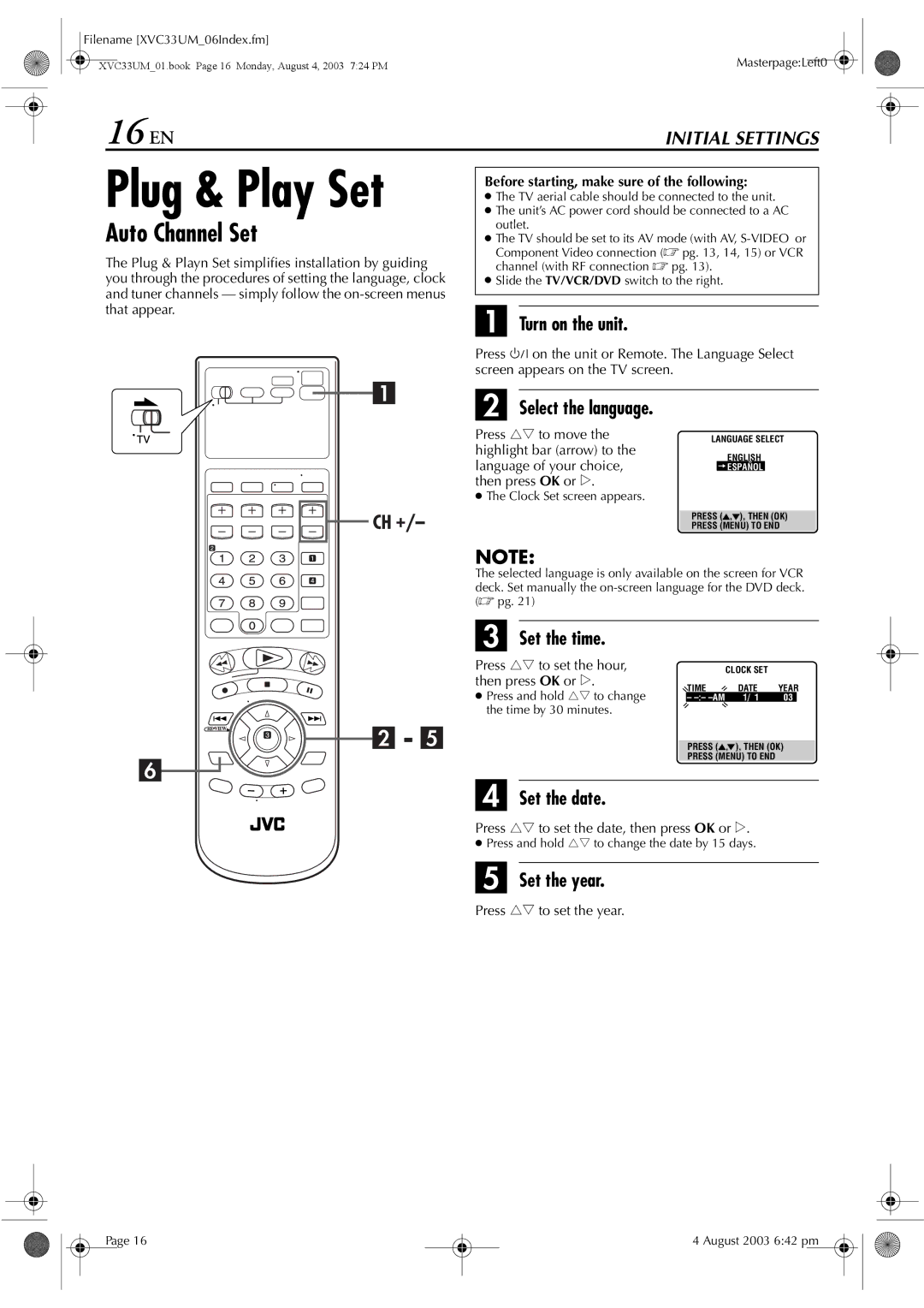 JVC HR-XVC33UM manual Plug & Play Set, 16 EN, Auto Channel Set 