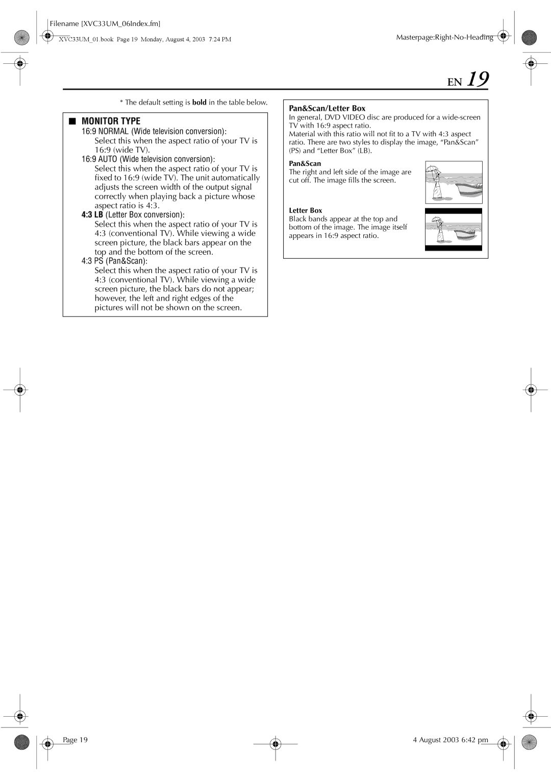 JVC HR-XVC33UM manual Pan&Scan/Letter Box, Default setting is bold in the table below 