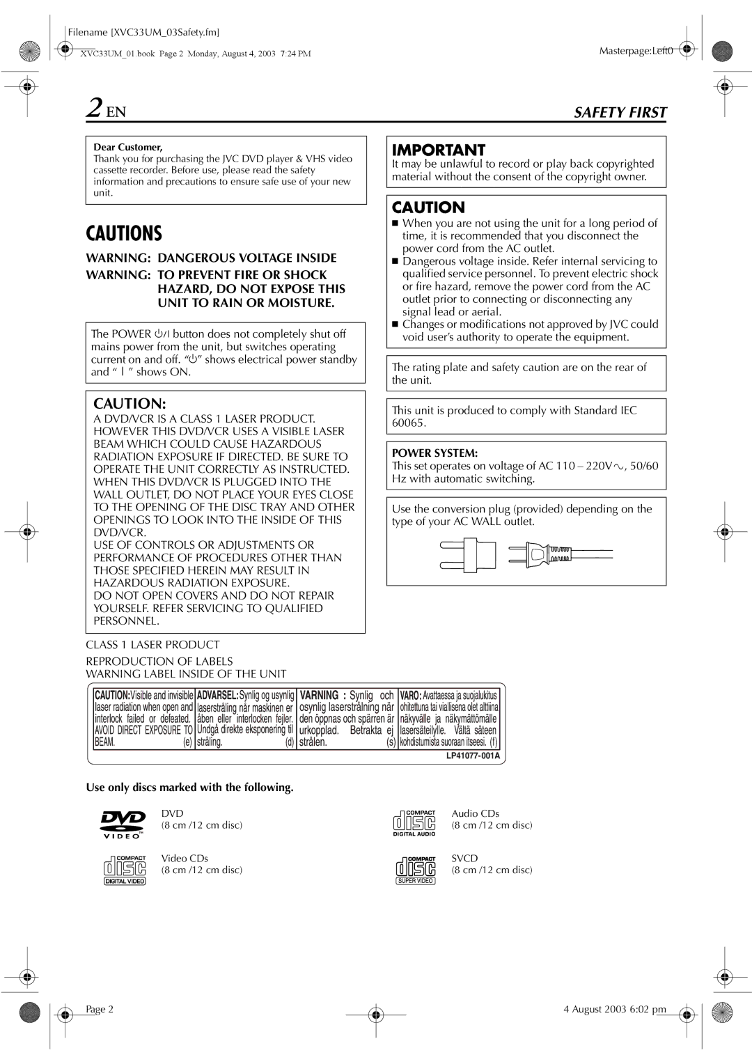 JVC HR-XVC33UM manual Use only discs marked with the following, Filename XVC33UM03Safety.fm, Dear Customer 