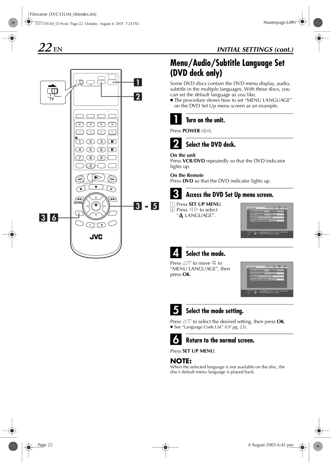 JVC HR-XVC33UM manual 22 EN, Press rt to move 0 to Menu LANGUAGE, then press OK, See Language Code List  pg 