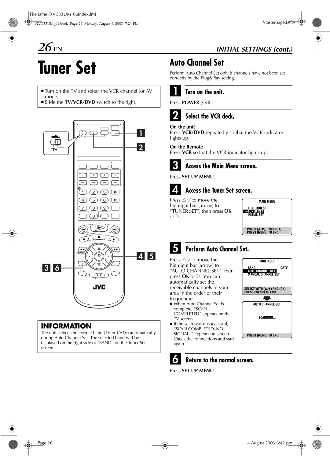 JVC HR-XVC33UM manual 26 EN, Access the Tuner Set screen, Perform Auto Channel Set 