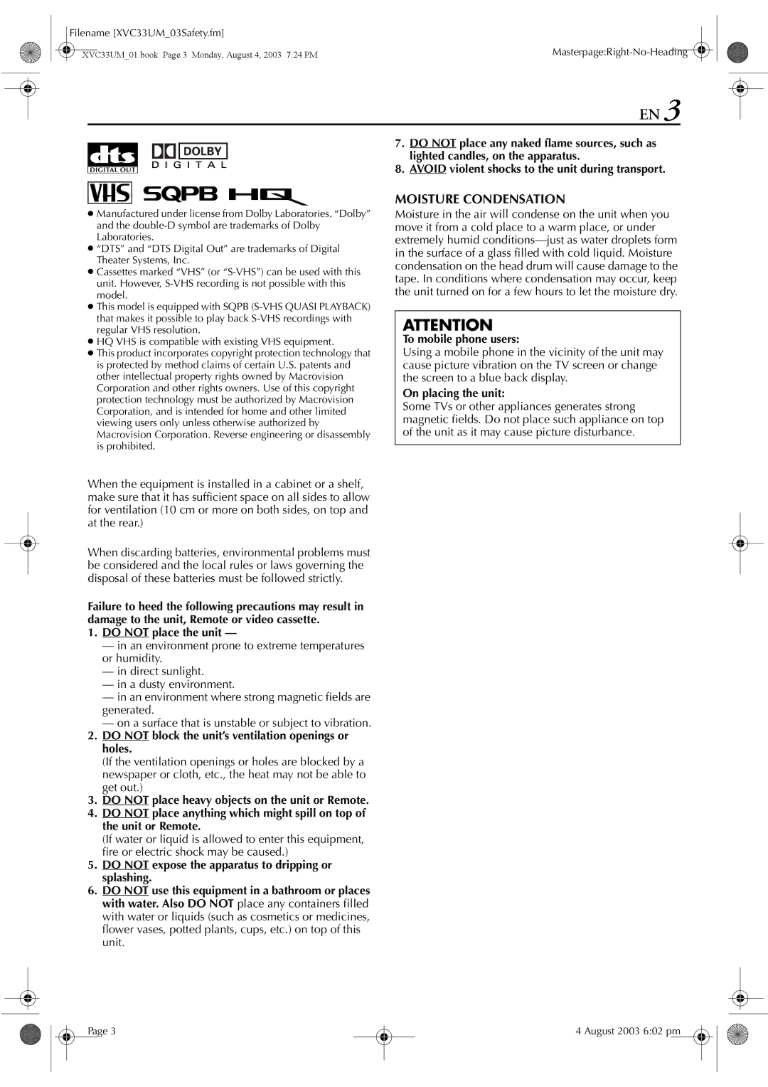 JVC HR-XVC33UM manual Do not place the unit, Do not block the unit’s ventilation openings or holes, To mobile phone users 