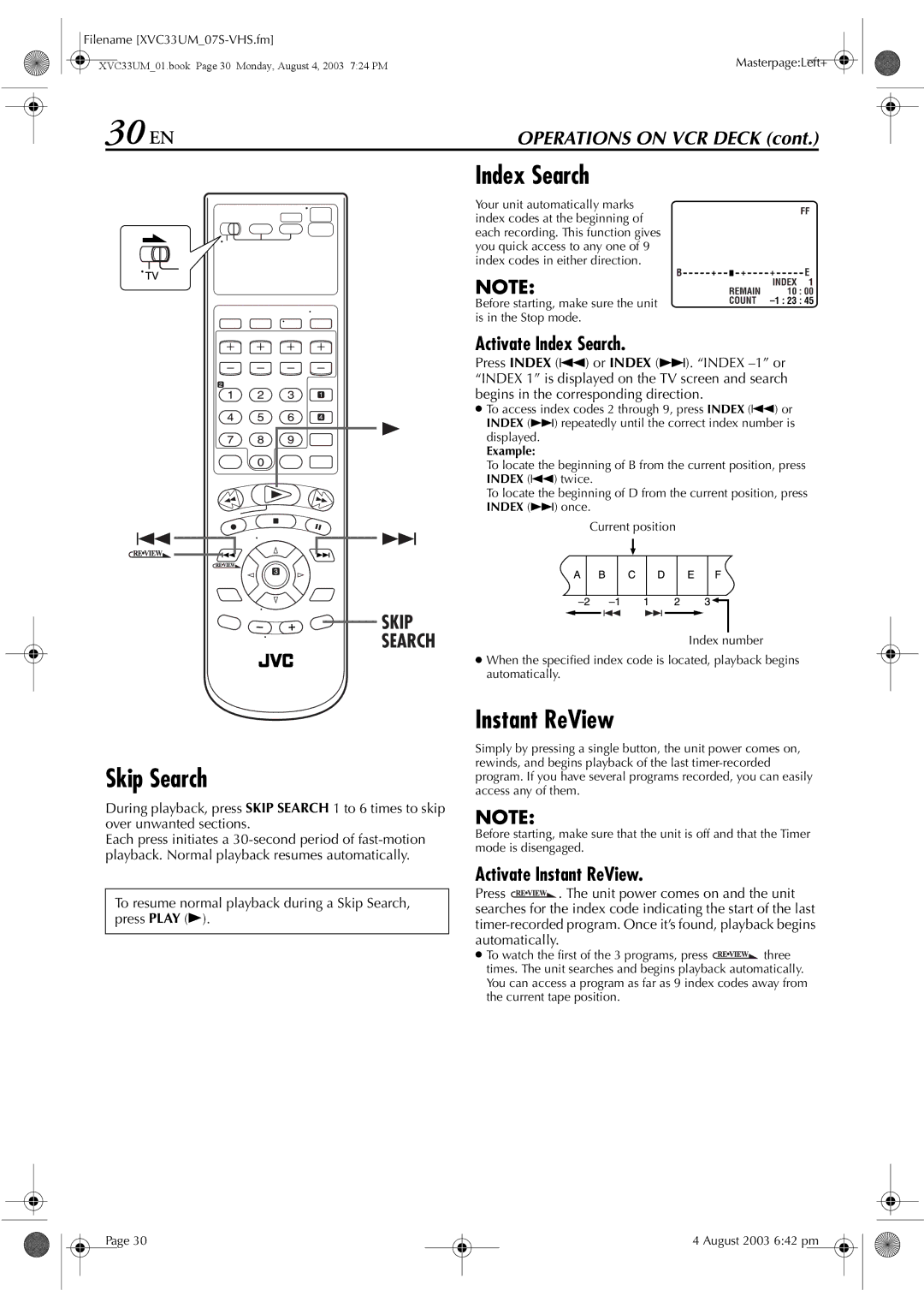 JVC HR-XVC33UM manual 30 EN, Index Search Skip Search, Activate Index Search, Activate Instant ReView 