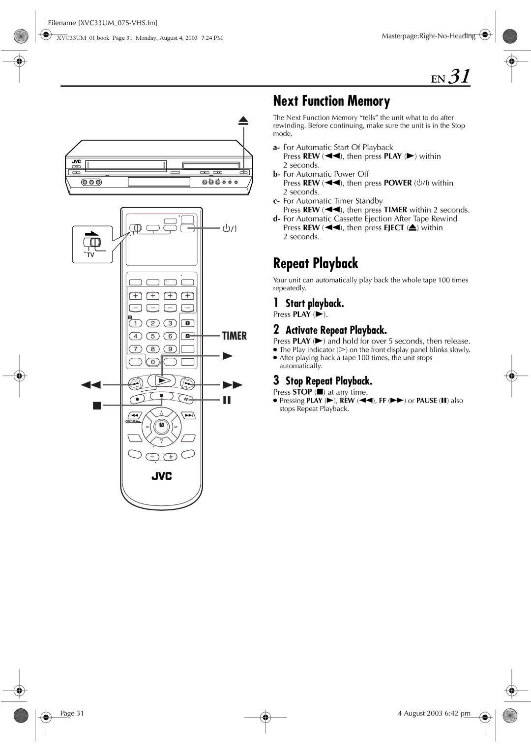 JVC HR-XVC33UM manual Next Function Memory, Activate Repeat Playback, Stop Repeat Playback 