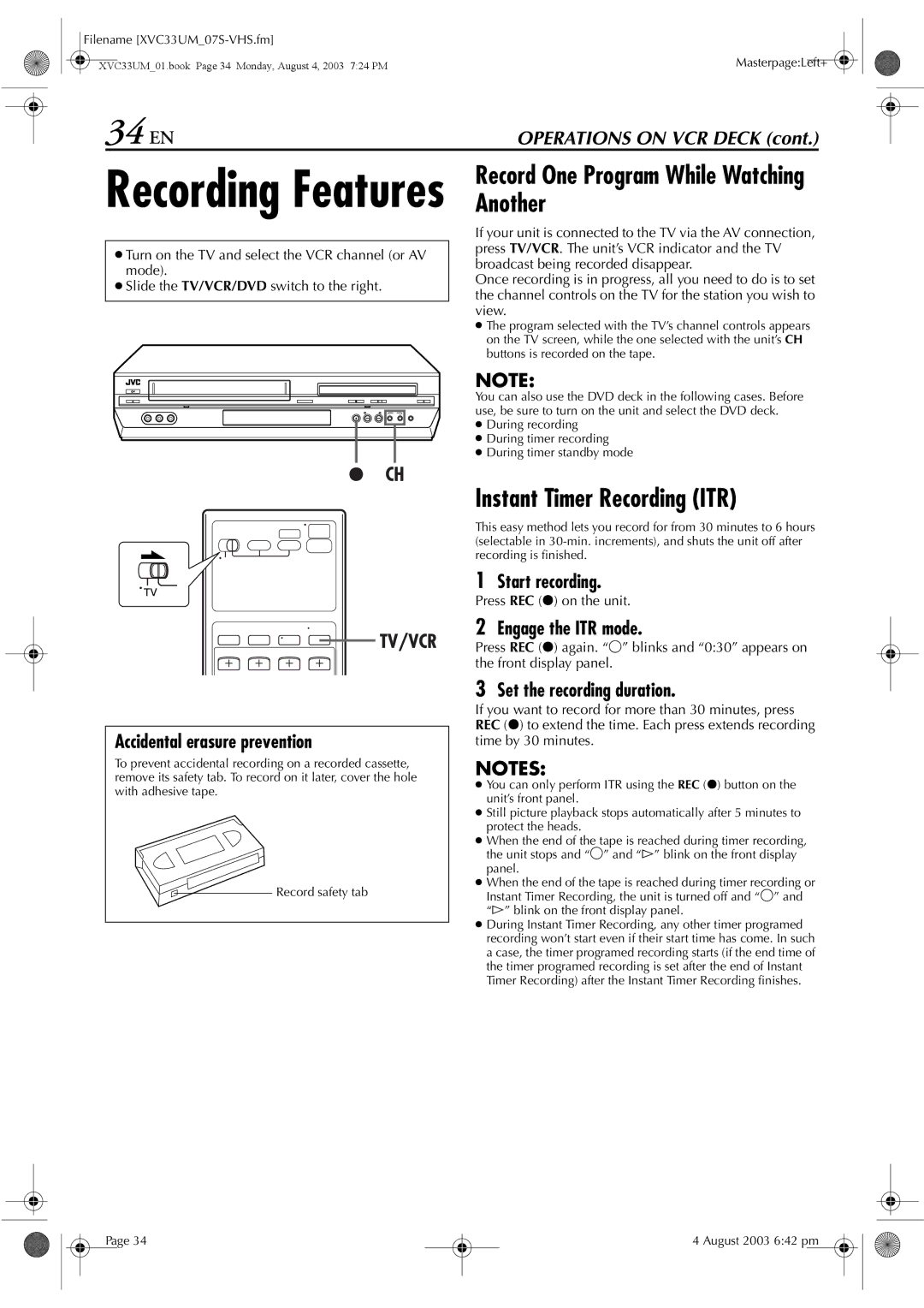 JVC HR-XVC33UM manual 34 EN, Instant Timer Recording ITR, Accidental erasure prevention, Engage the ITR mode 