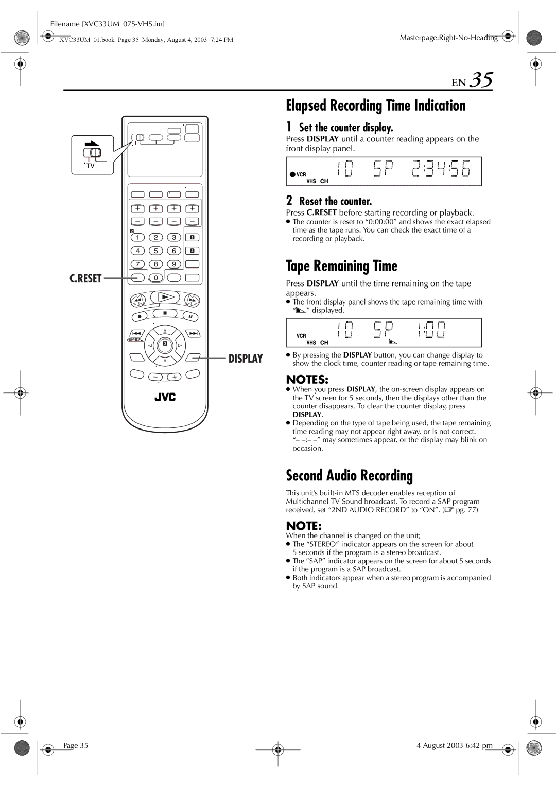 JVC HR-XVC33UM Elapsed Recording Time Indication, Tape Remaining Time, Second Audio Recording, Set the counter display 