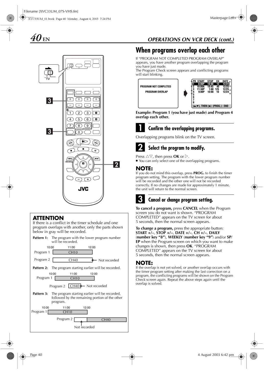 JVC HR-XVC33UM 40 EN, When programs overlap each other, Confirm the overlapping programs, Select the program to modify 