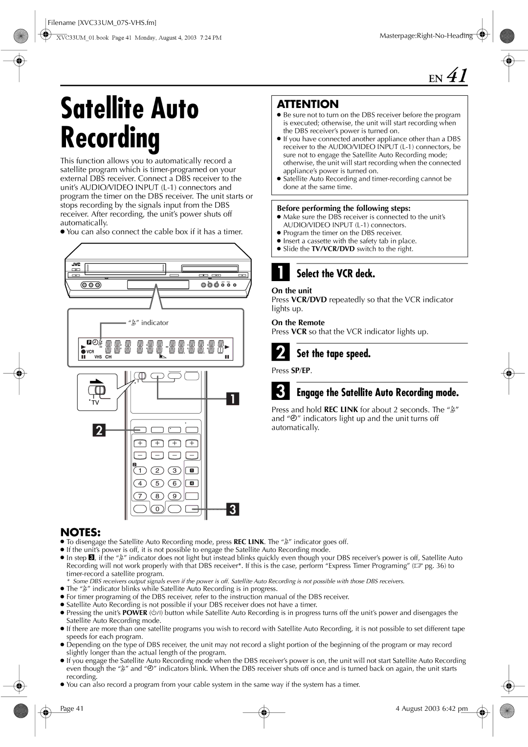 JVC HR-XVC33UM manual Engage the Satellite Auto Recording mode 