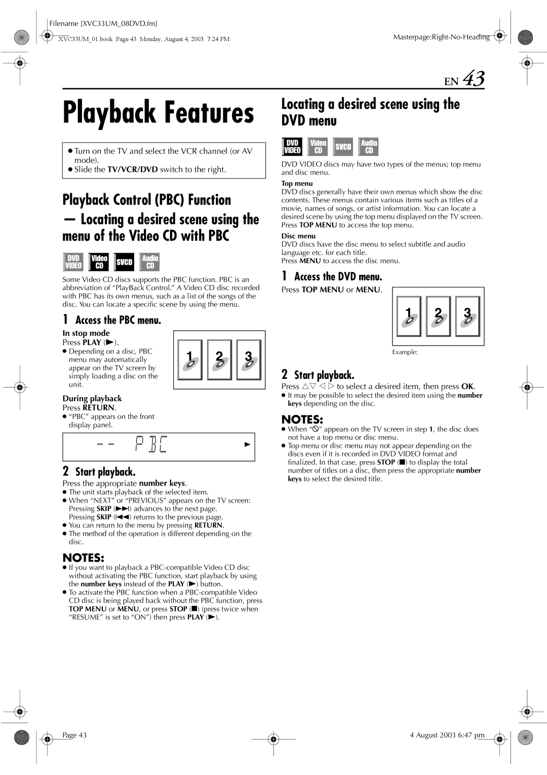 JVC HR-XVC33UM manual Locating a desired scene using the DVD menu, Access the PBC menu, Access the DVD menu, Stop mode 