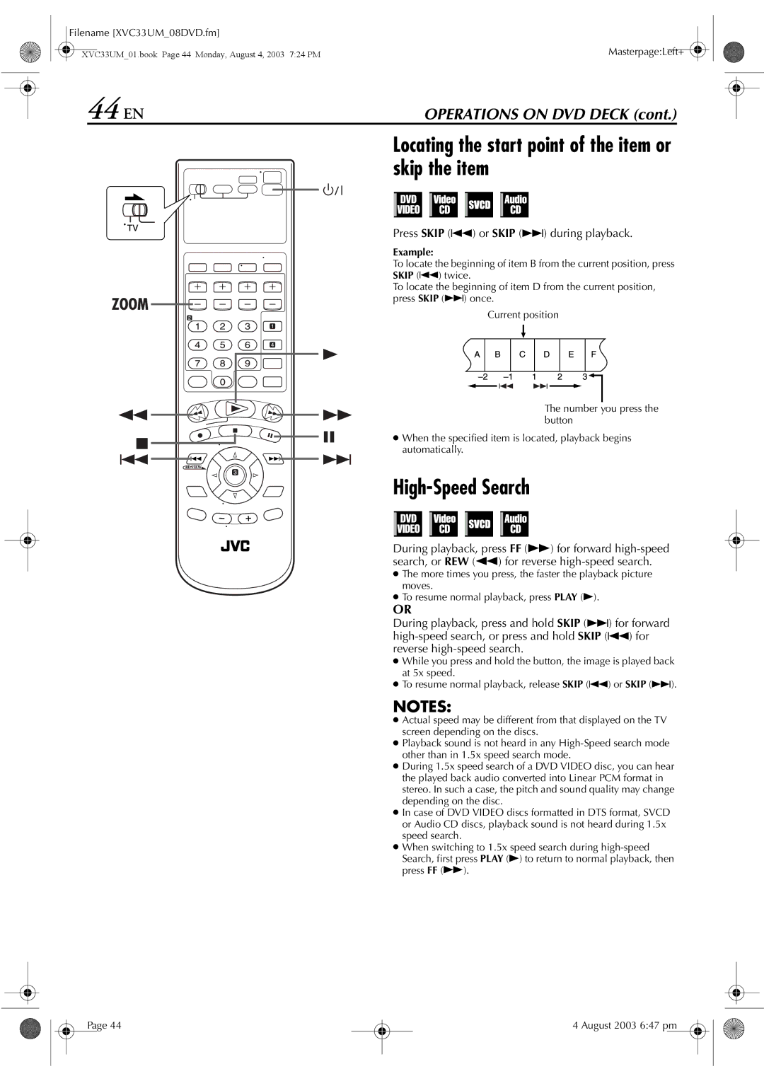 JVC HR-XVC33UM manual 44 EN, Locating the start point of the item or skip the item, High-Speed Search 