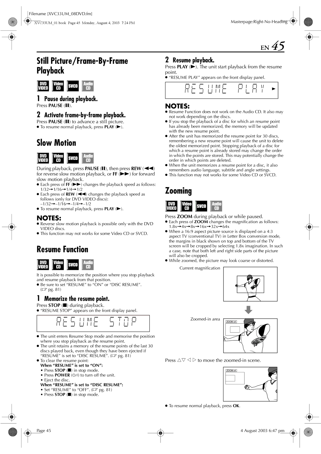 JVC HR-XVC33UM manual Still Picture/Frame-By-Frame, Playback, Zooming, Resume Function 