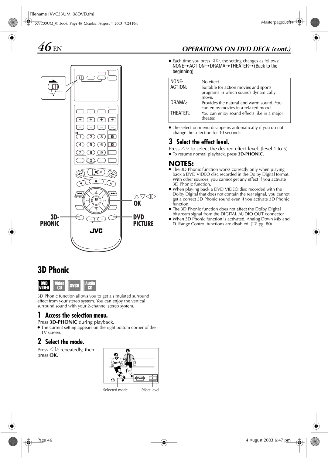 JVC HR-XVC33UM manual 46 EN, 3D Phonic, Select the effect level, Access the selection menu 