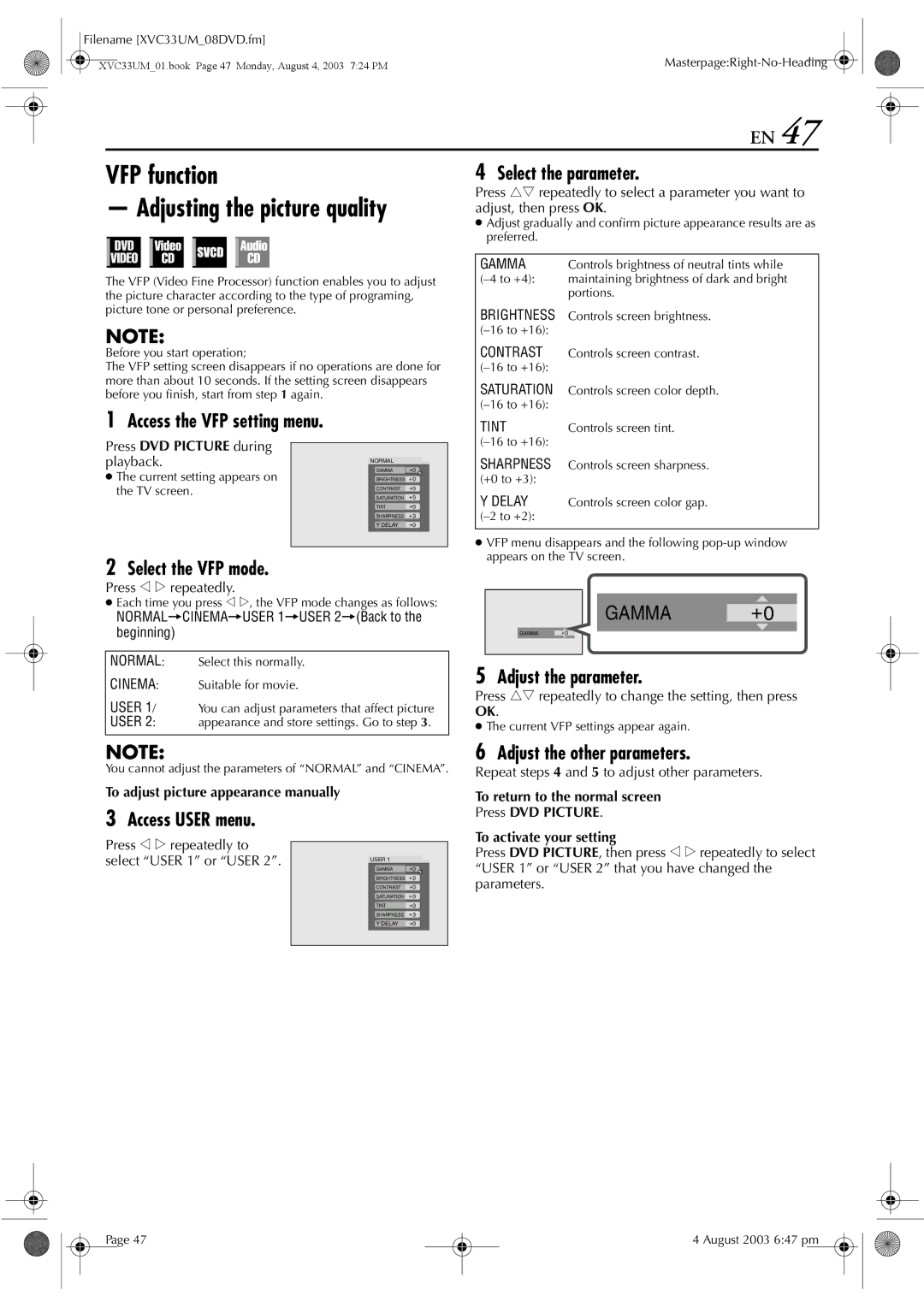 JVC HR-XVC33UM manual VFP function, Adjusting the picture quality 