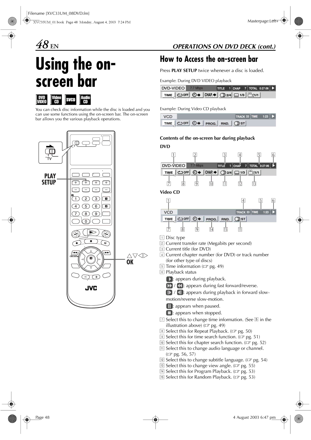 JVC HR-XVC33UM manual Using the on, Screen bar, 48 EN, Contents of the on-screen bar during playback, Video CD 