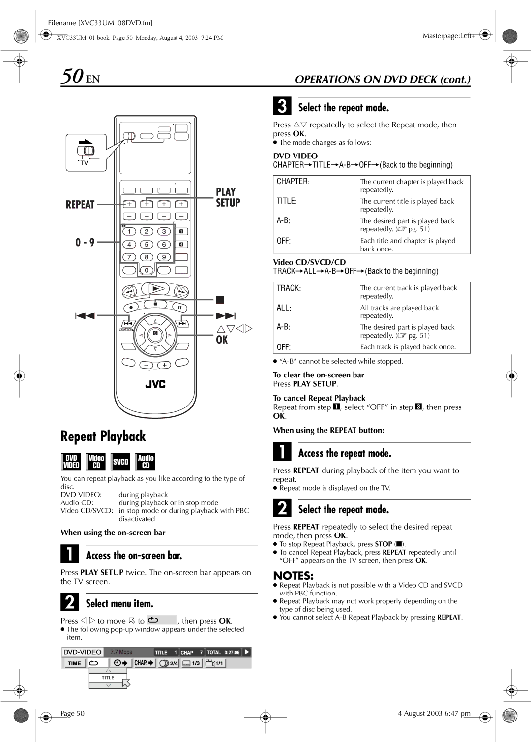 JVC HR-XVC33UM manual 50 EN, Select the repeat mode, Access the repeat mode 