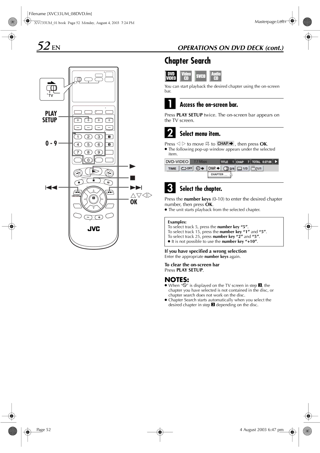 JVC HR-XVC33UM manual 52 EN, Chapter Search, Select the chapter, Examples 