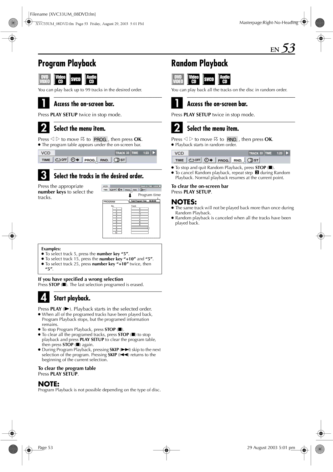 JVC HR-XVC33UM manual Program Playback Random Playback, Select the menu item, Select the tracks in the desired order 