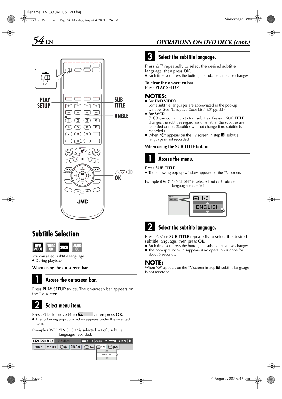 JVC HR-XVC33UM manual 54 EN, Subtitle Selection, Select the subtitle language, Access the menu 