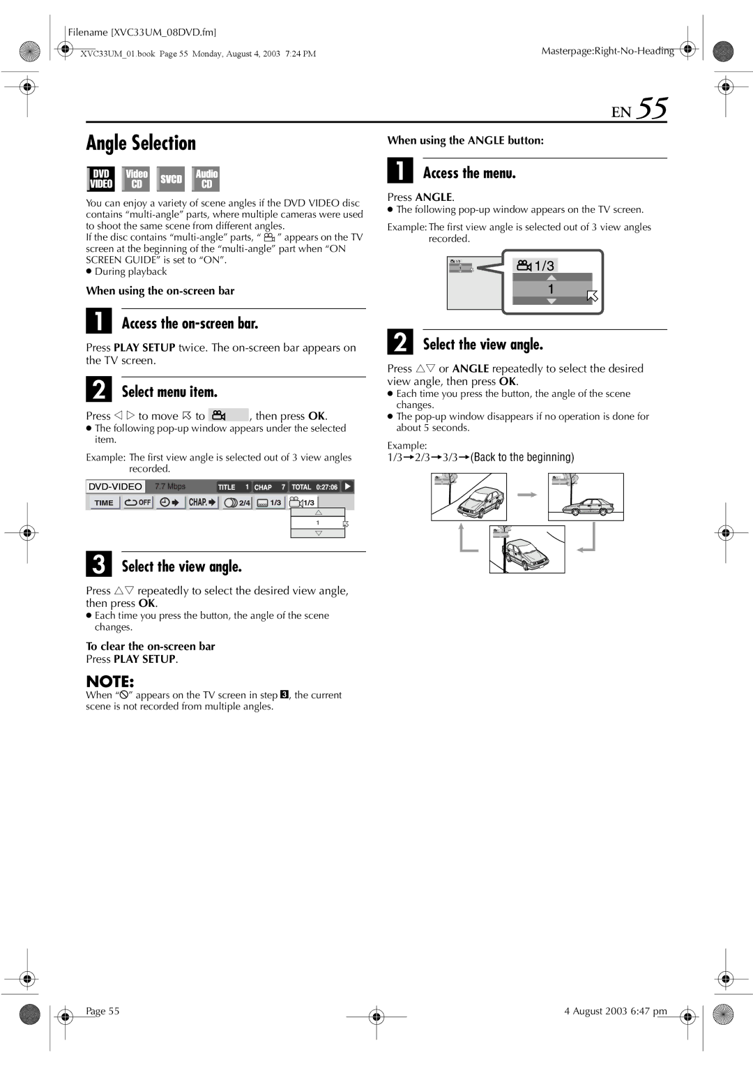 JVC HR-XVC33UM manual Angle Selection, Select the view angle Access the menu, When using the Angle button, Press Angle 