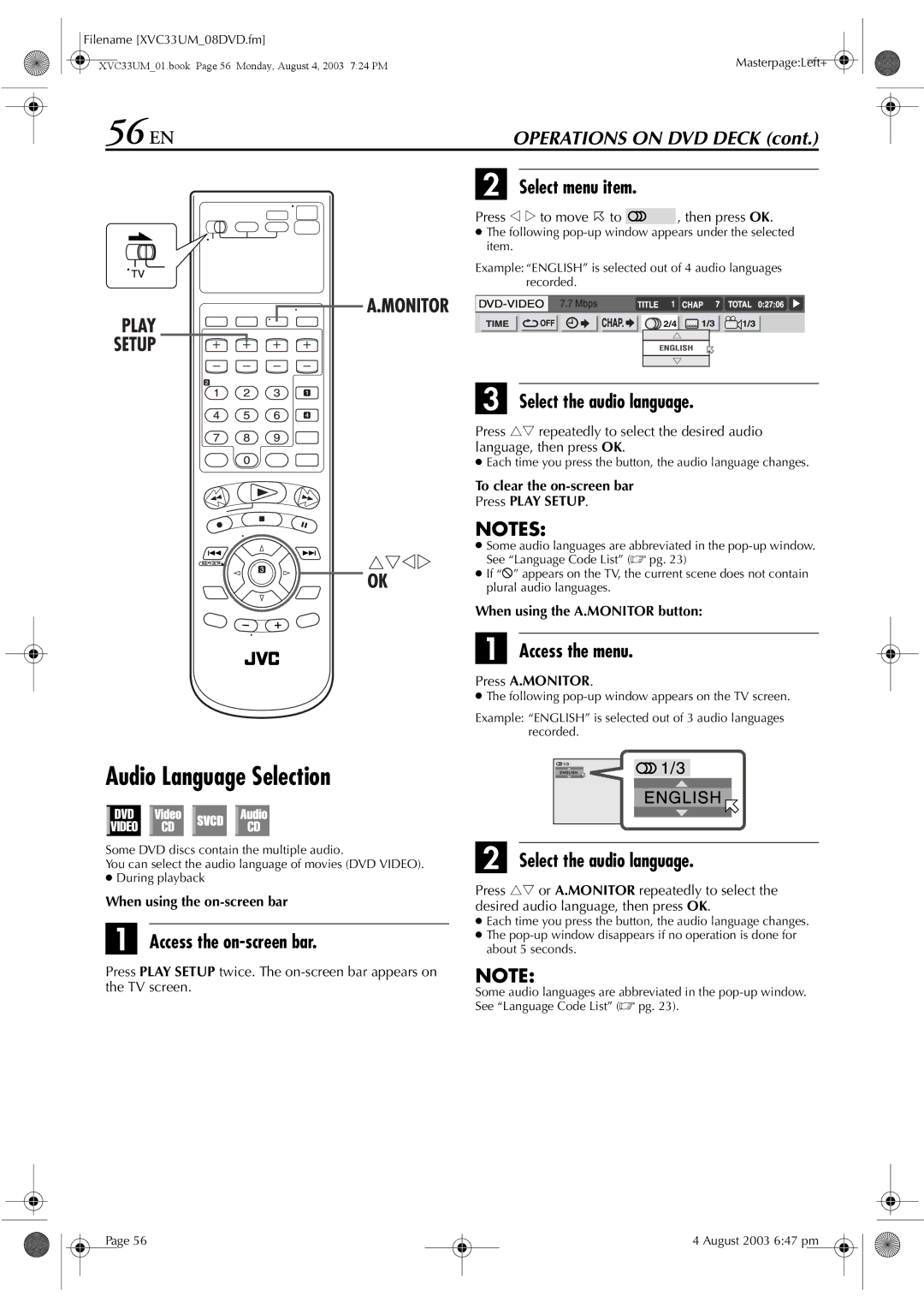 JVC HR-XVC33UM manual 56 EN, Audio Language Selection, Select the audio language, When using the A.MONITOR button 