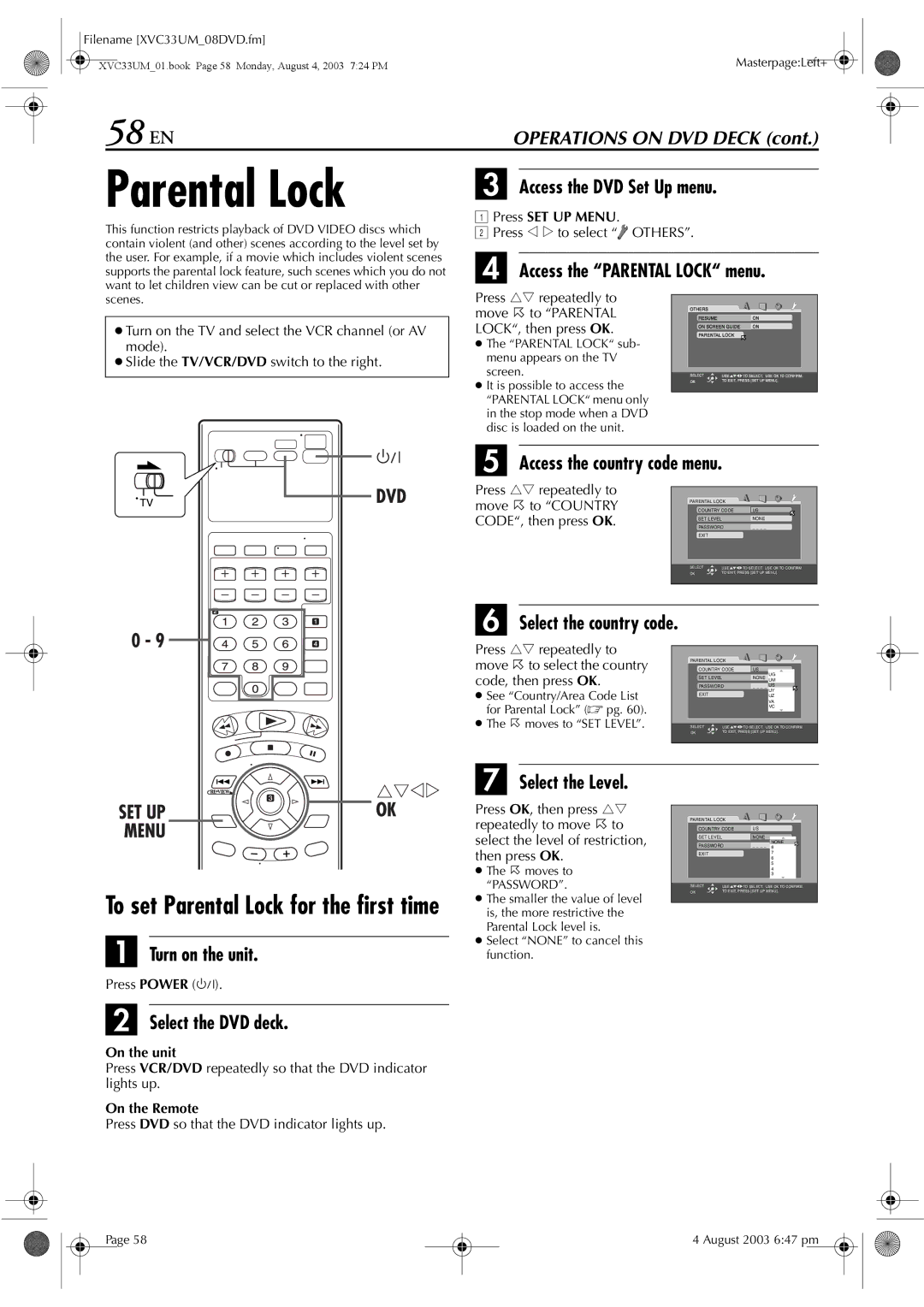 JVC HR-XVC33UM manual Access the Parental Lock menu, Access the country code menu, Turn on the unit Select the Level 