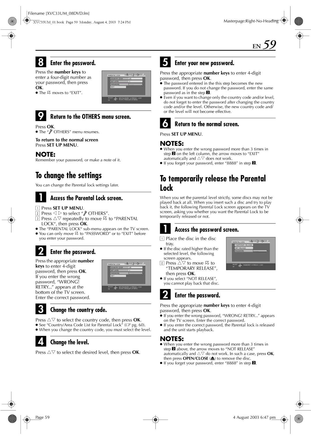 JVC HR-XVC33UM manual To change the settings, To temporarily release the Parental Lock 