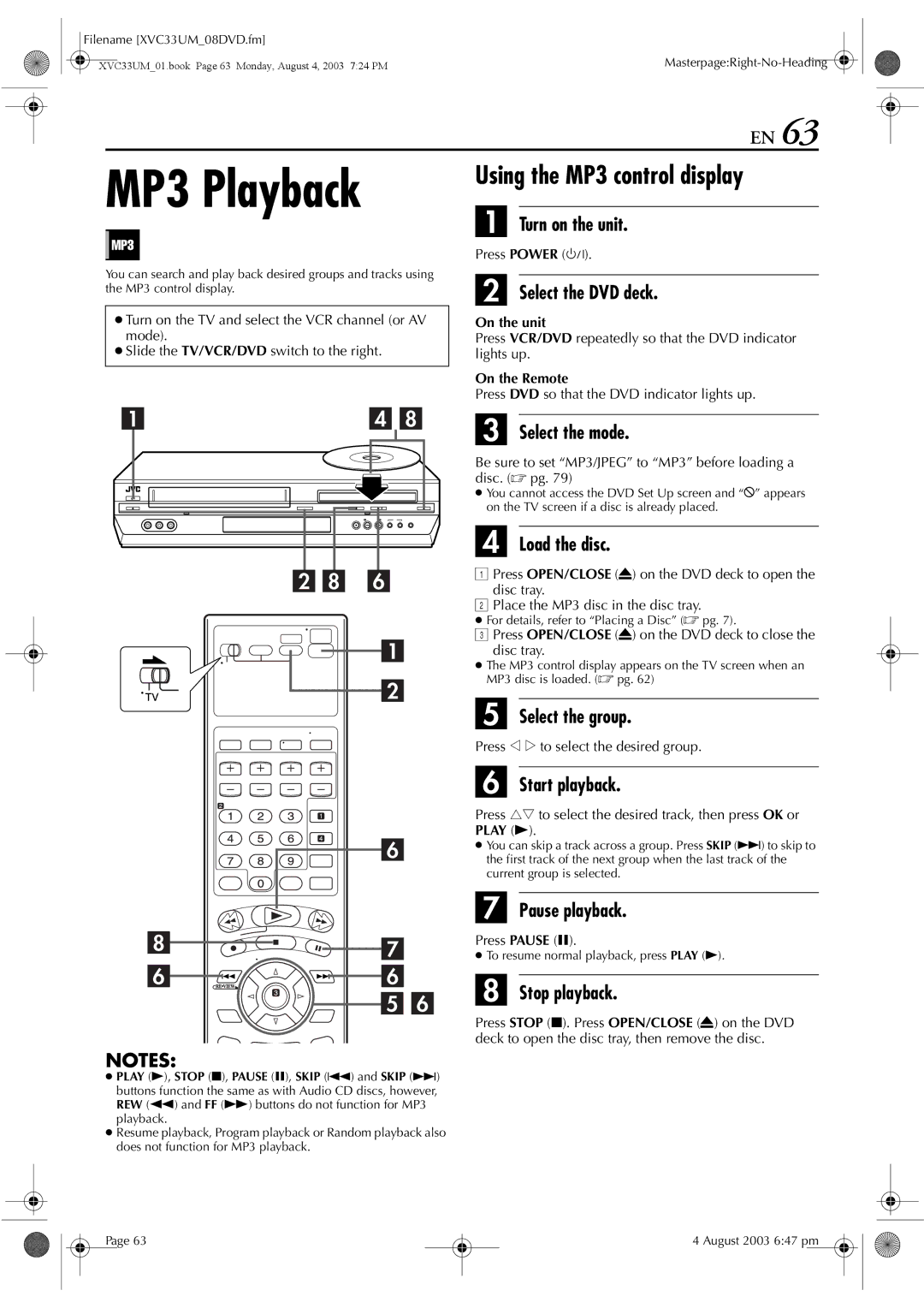 JVC HR-XVC33UM manual MP3 Playback, Using the MP3 control display, Select the group 