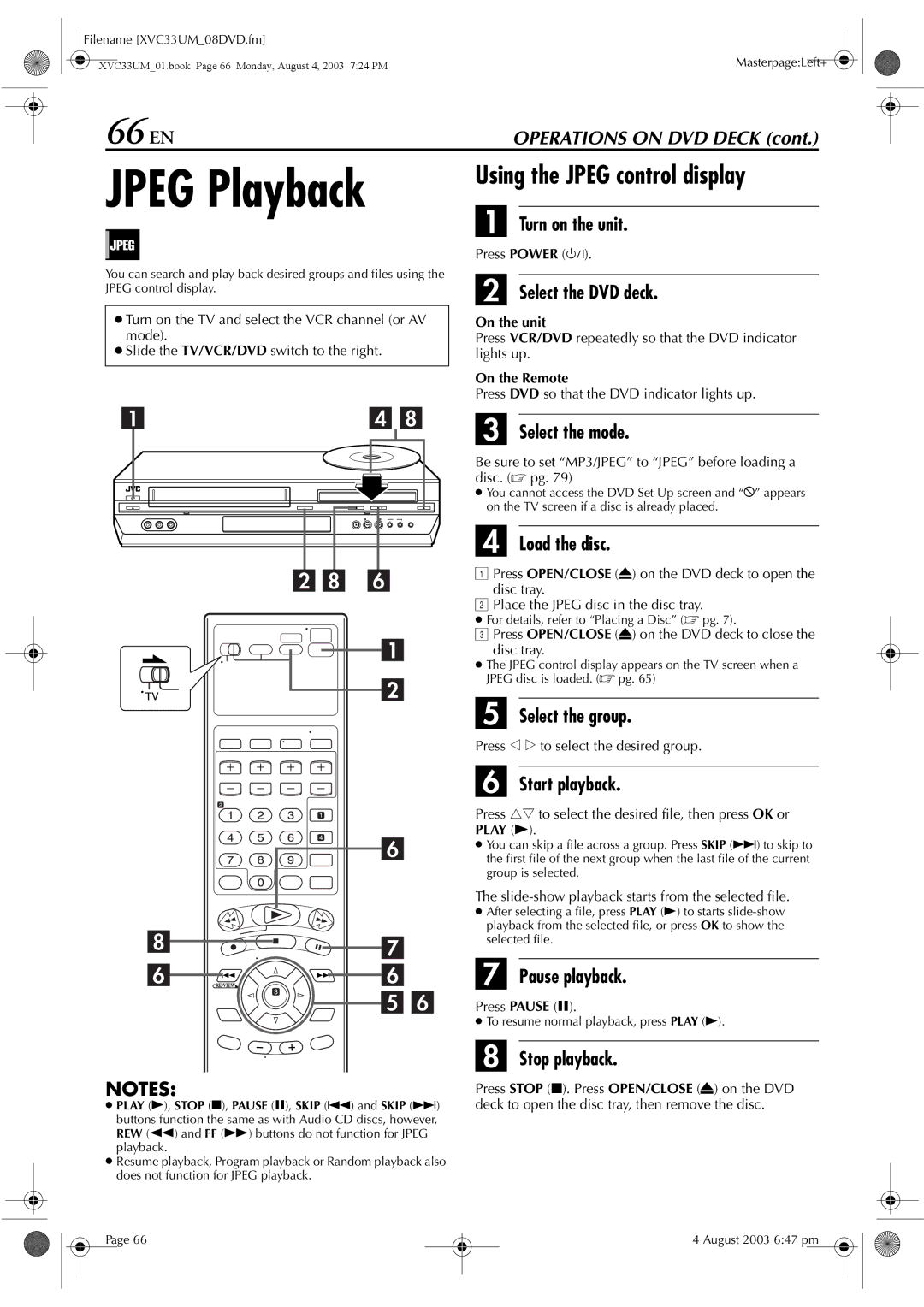 JVC HR-XVC33UM manual 66 EN, Be sure to set MP3/JPEG to Jpeg before loading a disc.  pg 