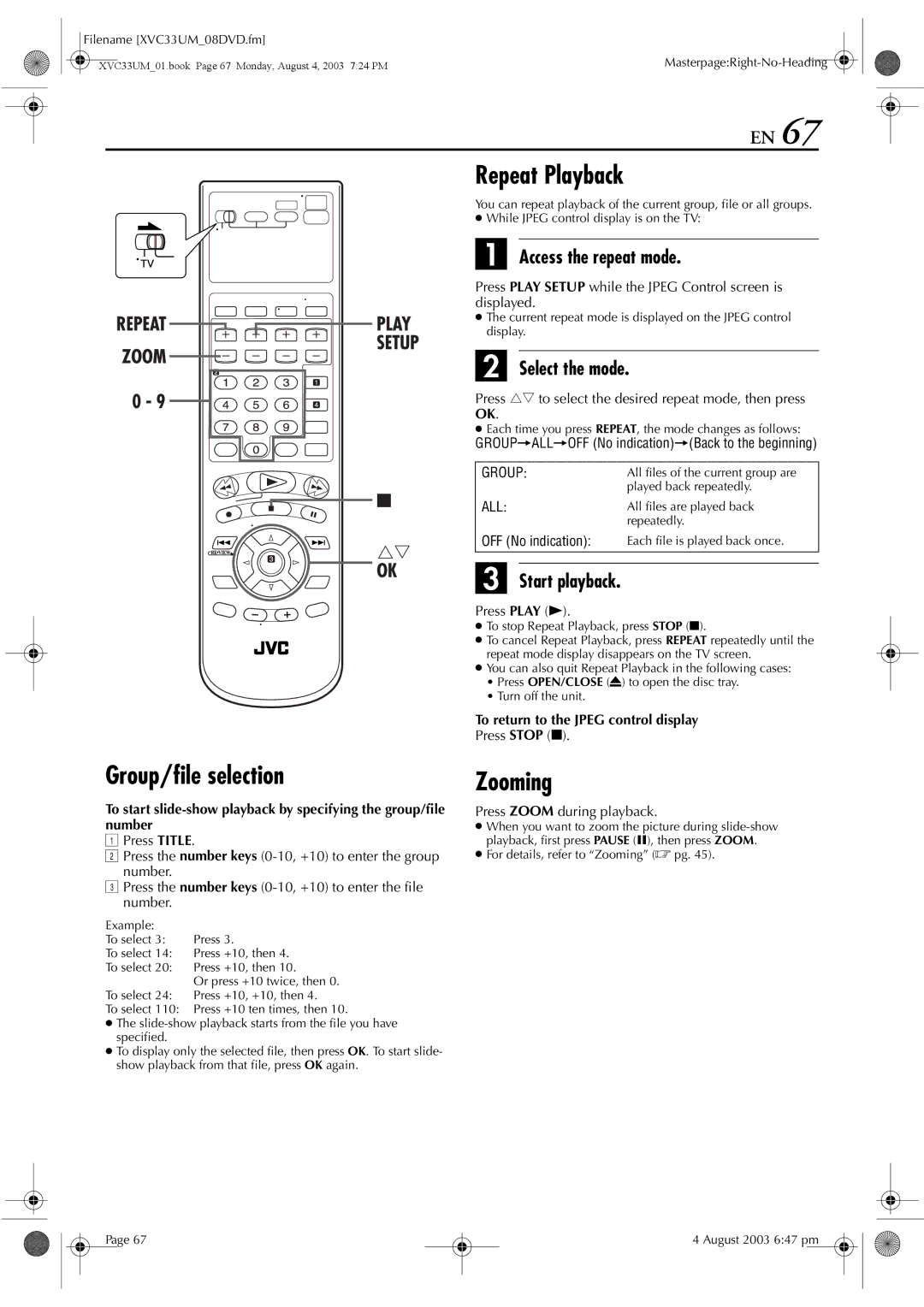 JVC HR-XVC33UM manual Group/file selection, Press Play Setup while the Jpeg Control screen is displayed 