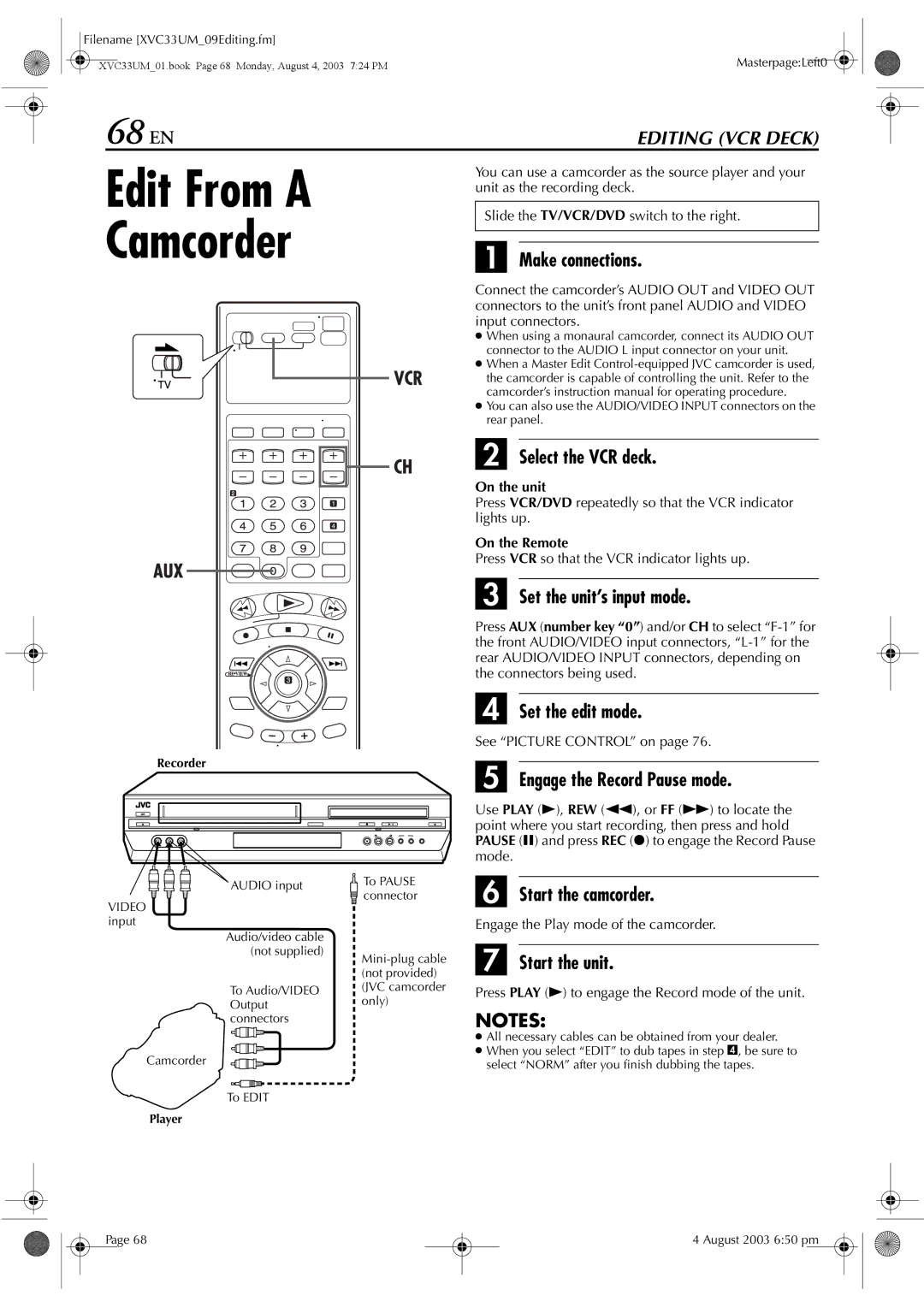 JVC HR-XVC33UM manual Edit From a Camcorder, 68 EN 