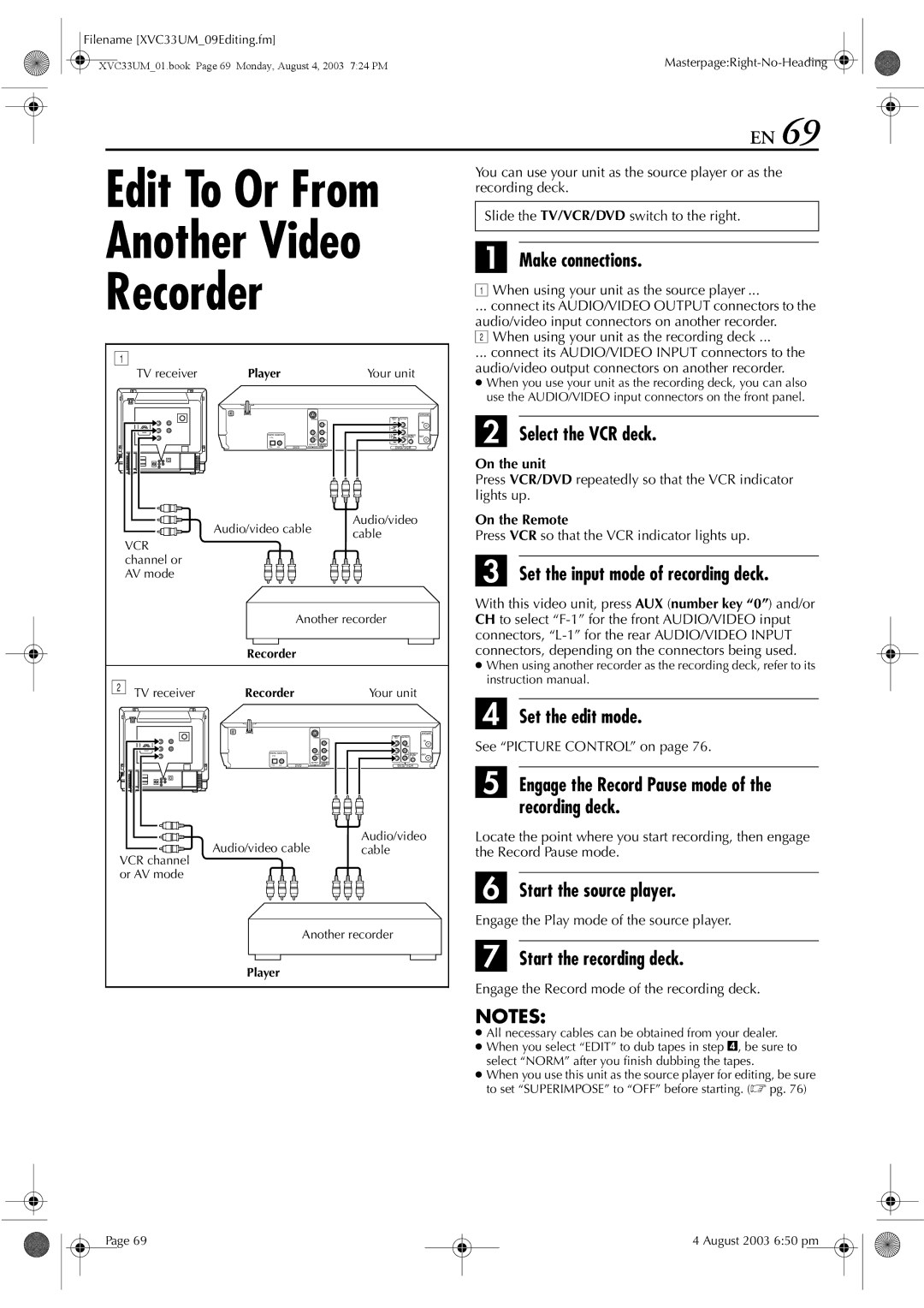 JVC HR-XVC33UM manual Another Video Recorder, Set the input mode of recording deck, Start the source player 